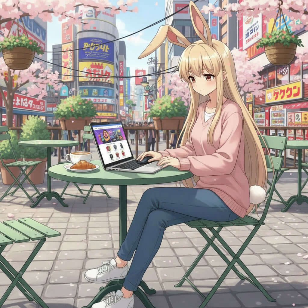 Comment profiter de nos offres : -10% de bienvenue + Livraison Offerte - image d'une jeune femme avec des oreilles de lapin, travaillant sur un ordinateur portable en terrasse urbaine