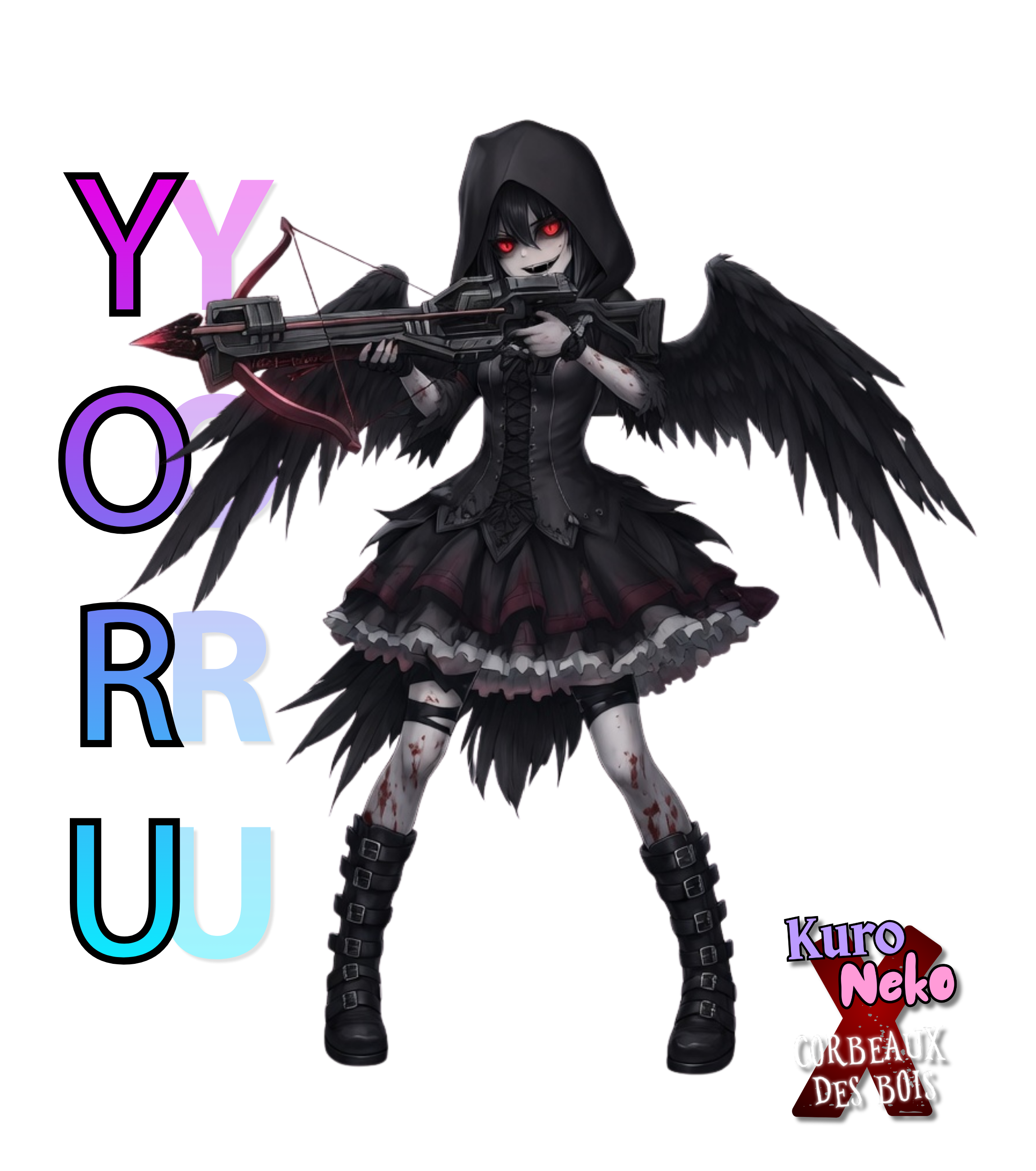 Collection YORU Corbeaux des Bois Crossover Horreur — YORU armée d’un fusil sombre avec ailes noires, décor gothique, t-shirt/hoodie exclusifs