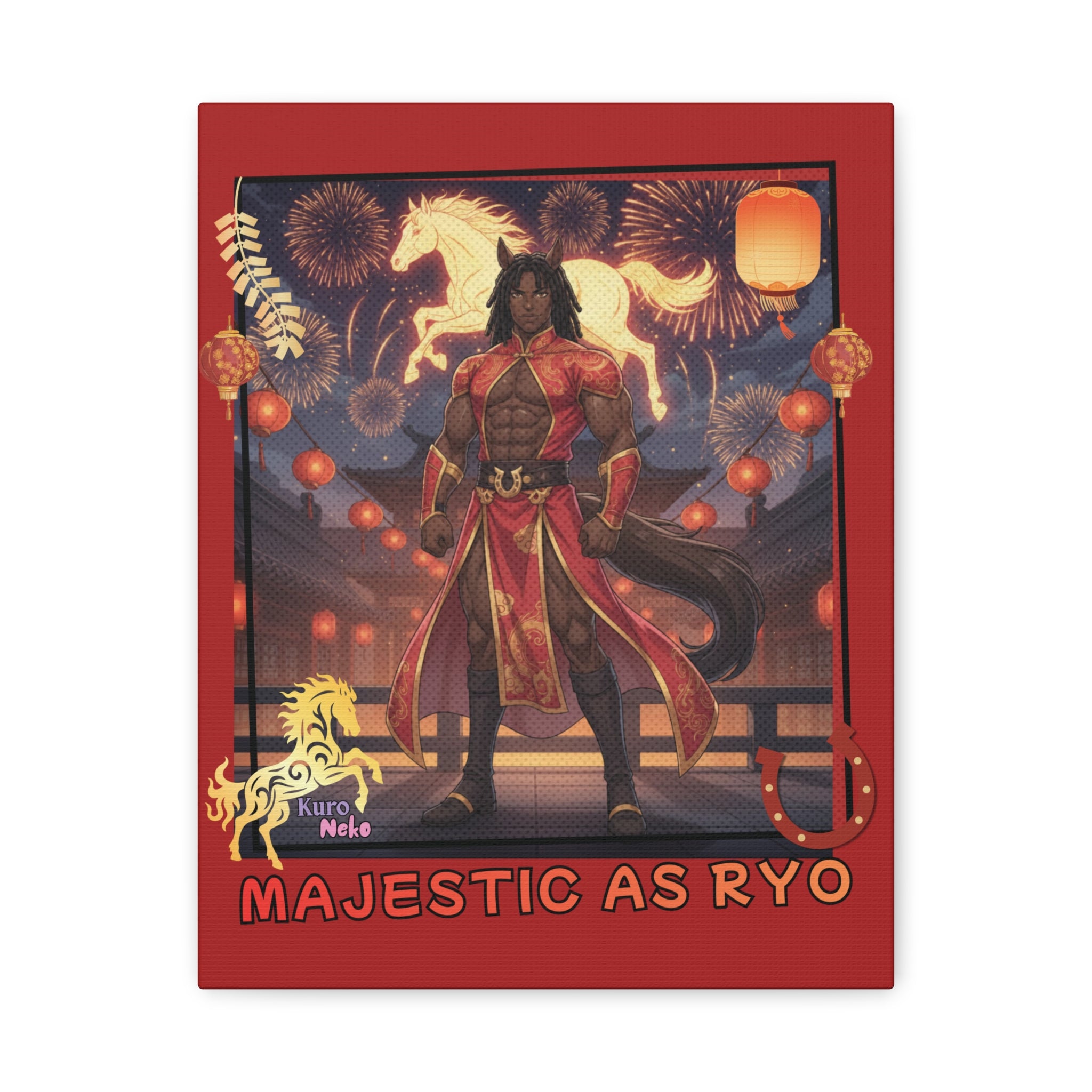 Toile Mate Anime RYO – Majestueux comme Ryo, illustration avec chevaux et lanternes.