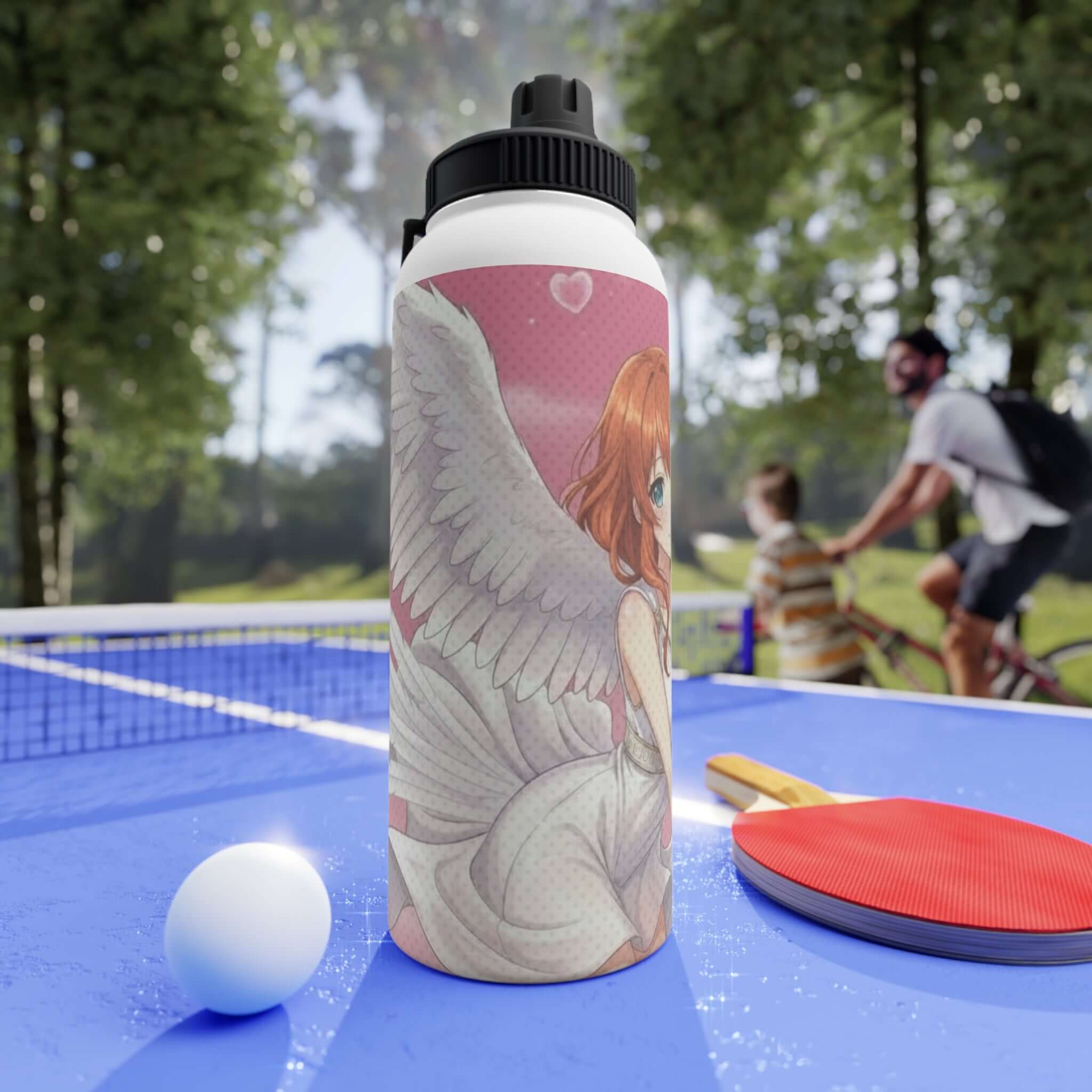 Bouteille isotherme sportive acier inoxydable blanc 950ml avec artwork Aiko cygne angélique, waifu kemonomimi romantique, double paroi thermique, bouchon sport, design original Kuro Neko Shop