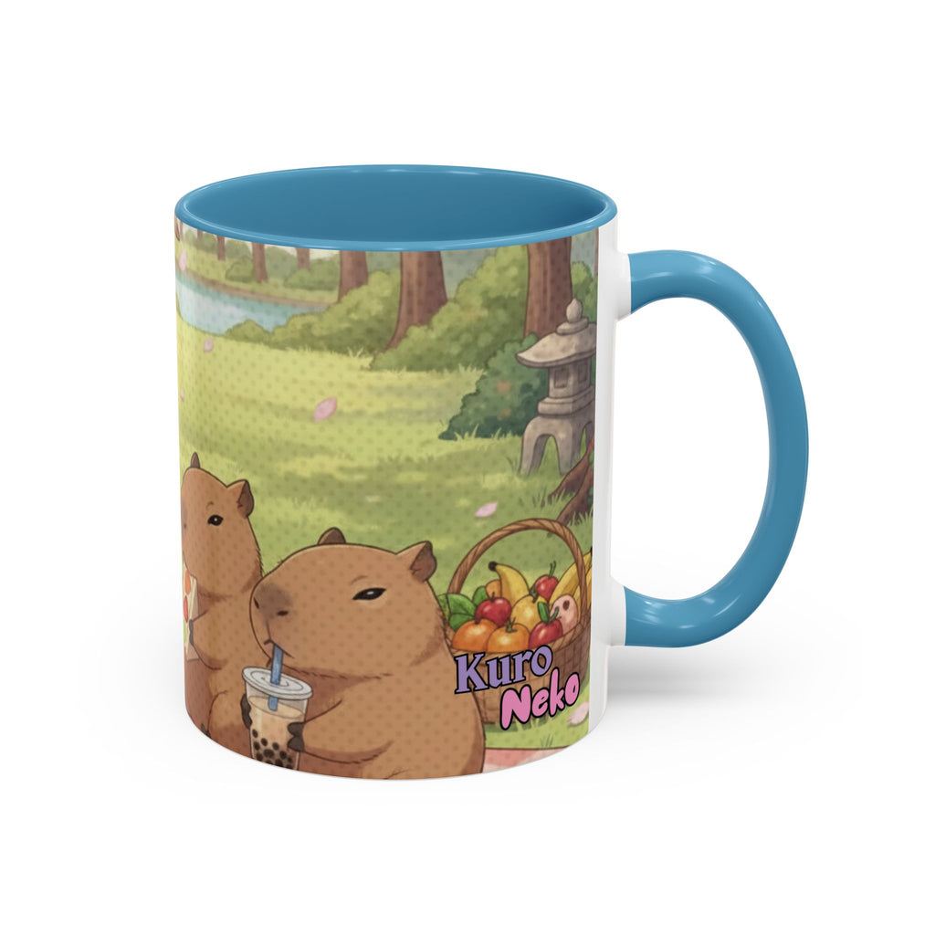 Mug Anime HARU Muse Chibi Pique-nique Sakura avec capybaras et bubble tea, style kawaii Kuro Neko Shop.