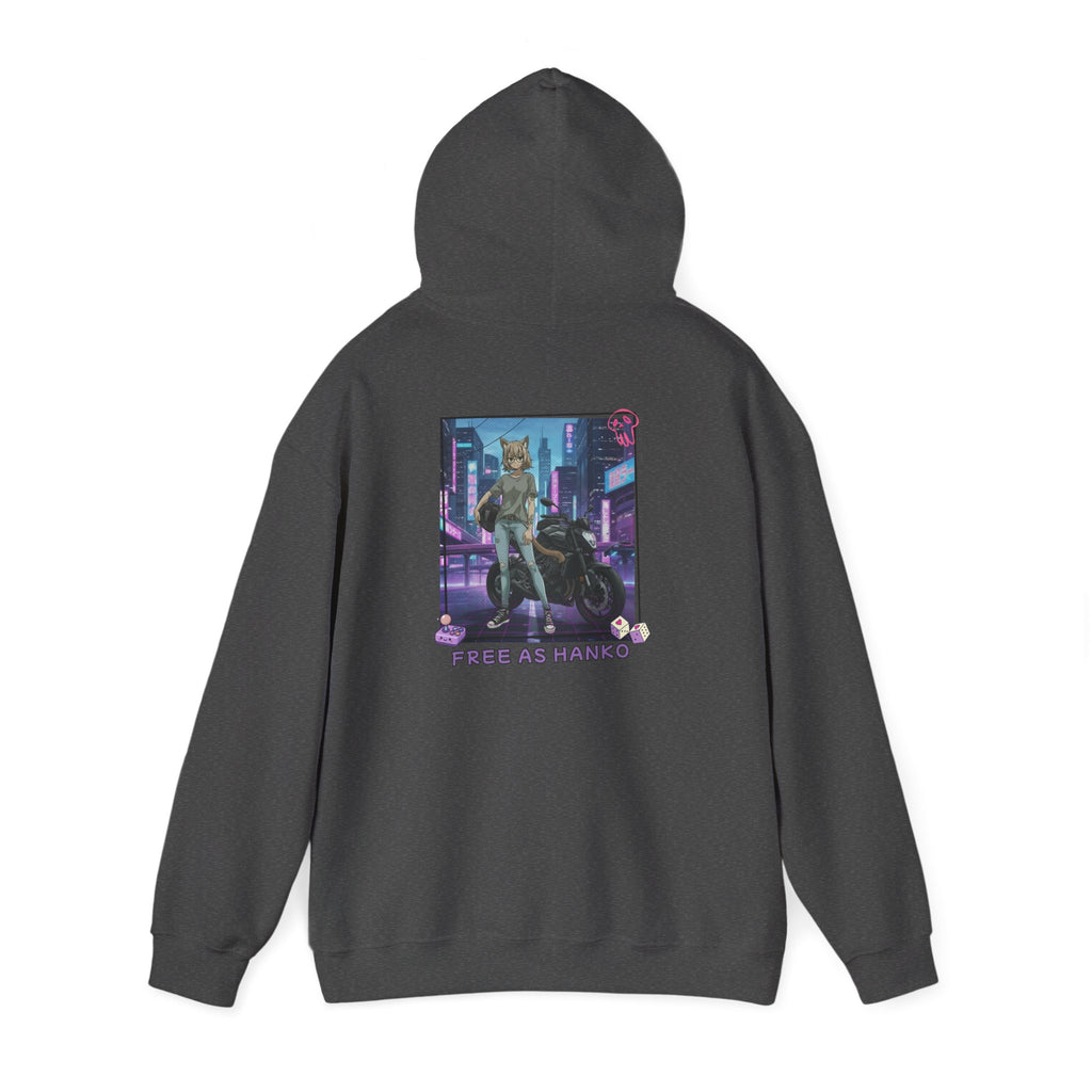 Sweat à capuche Anime HANKO avec motif cyberpunk et chatte kemonomimi, slogan 'FREE AS HANKO'.