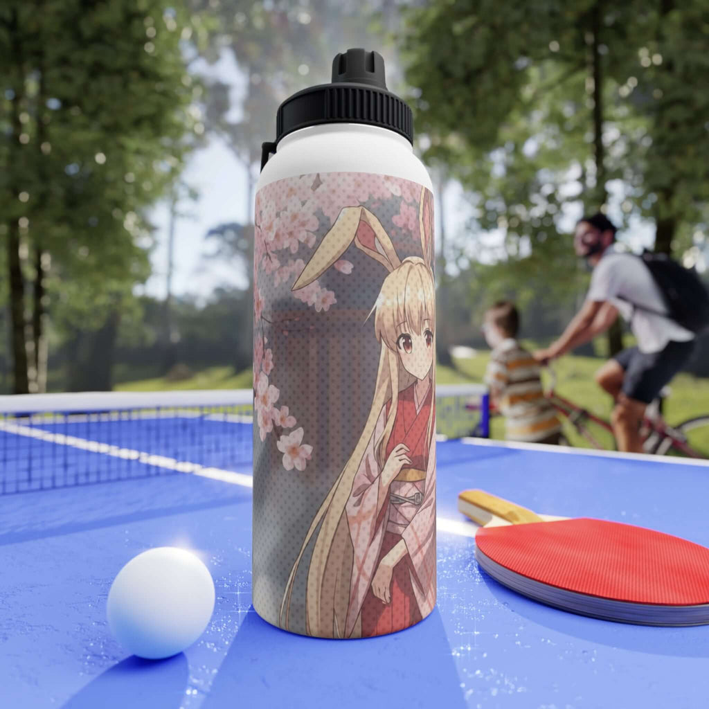 Bouteille isotherme sportive en acier inoxydable blanc 950ml avec artwork Haru lapin kemonomimi waifu sereine, oreilles de lapin, vibes onsen kawaii, double paroi thermique, bouchon sport, design original Kuro Neko Shop, sans BPA