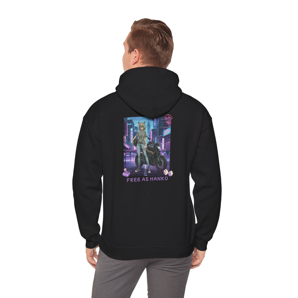 Hoodie noir avec impression anime Waifu HANKO Cat Girl tenue biker avec moto fond ville futuriste cyberpunk