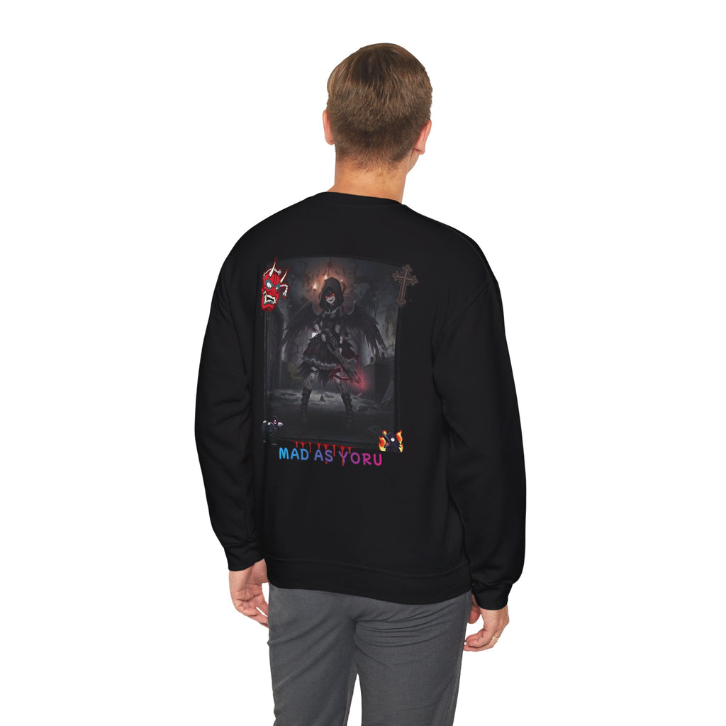 Sweatshirt Anime YORU design avec illustration de Yoru en mode chasseuse de démons, vue arrière d'un modèle.