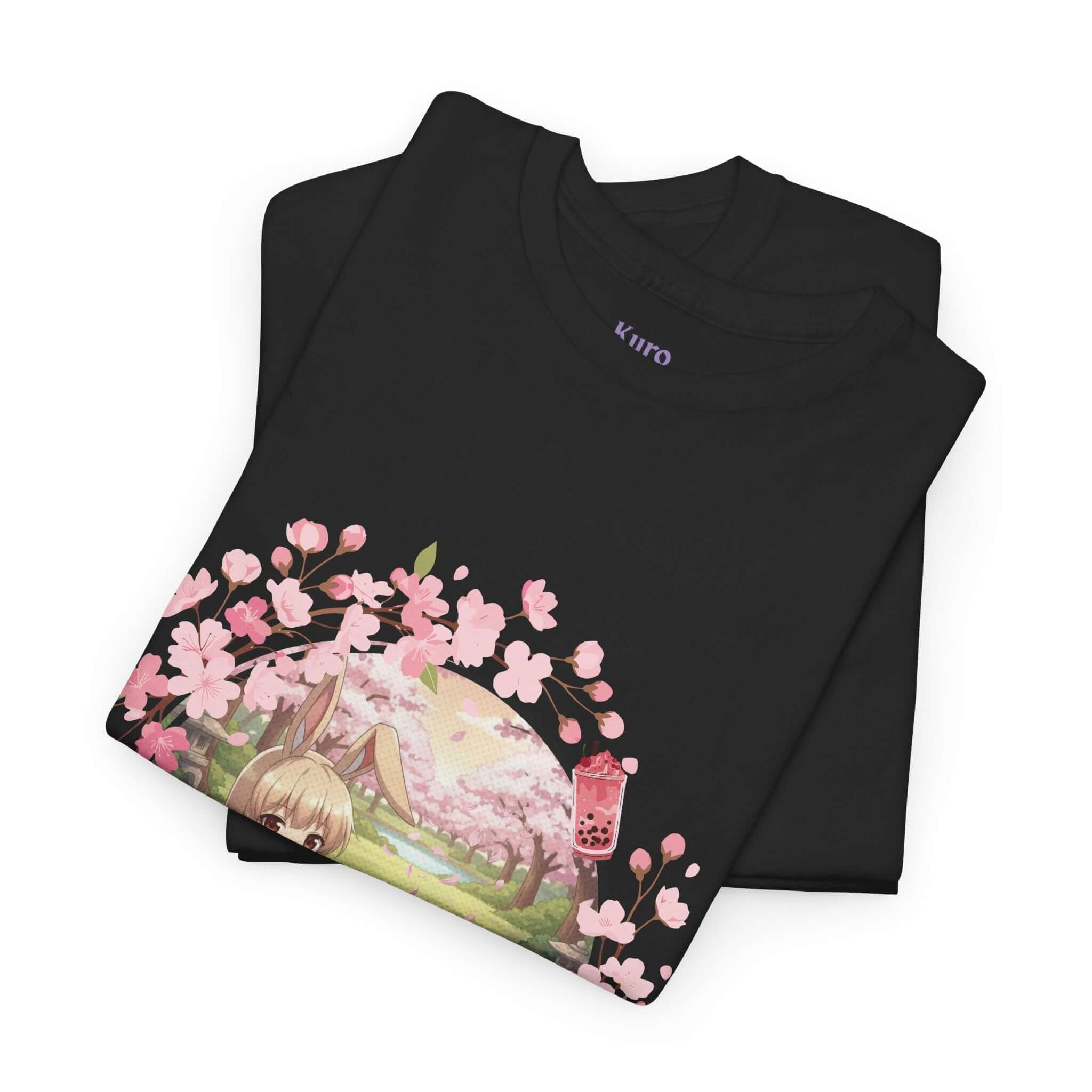 T-shirt Anime HARU Muse Chibi Pique-nique Sakura avec design de lapin kemonomimi et pétales de sakura, Kuro Neko Shop.
