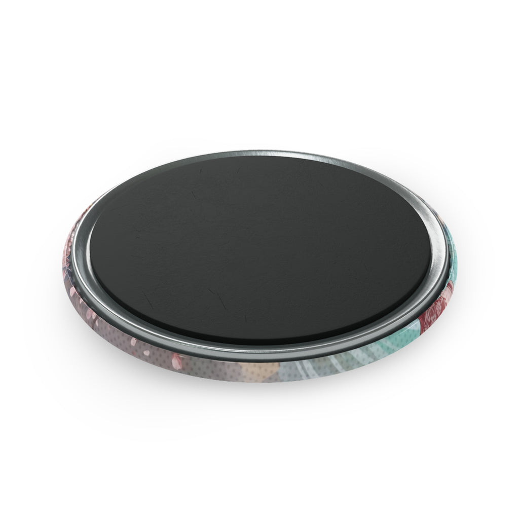 Magnet Rond Anime HARU avec des motifs colorés sur les bords, idéal pour décorer vos surfaces métalliques.