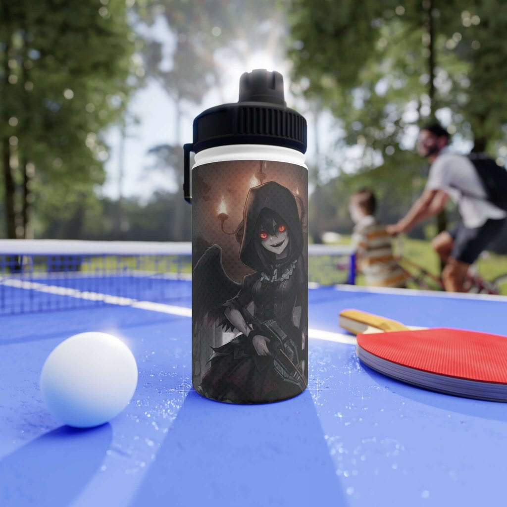 Gourde Isotherme Anime YORU inox blanche 350ml avec design Yoru corbeau gothique, ailes noires et arbalète démoniaque, collaboration Kuro Neko x Corbeaux des Bois