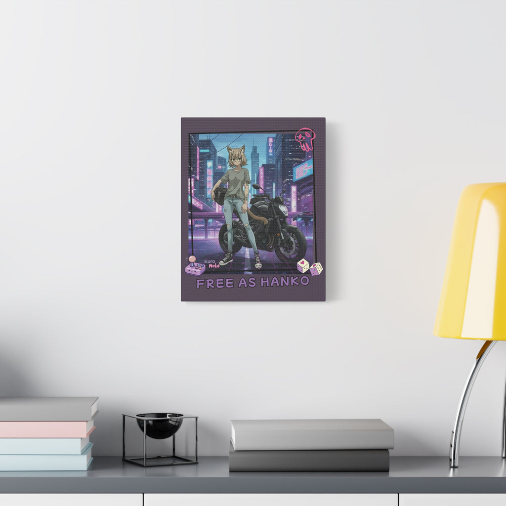 Toile Mate Anime HANKO avec une chatte kemonomimi sur une moto dans un décor cyberpunk.