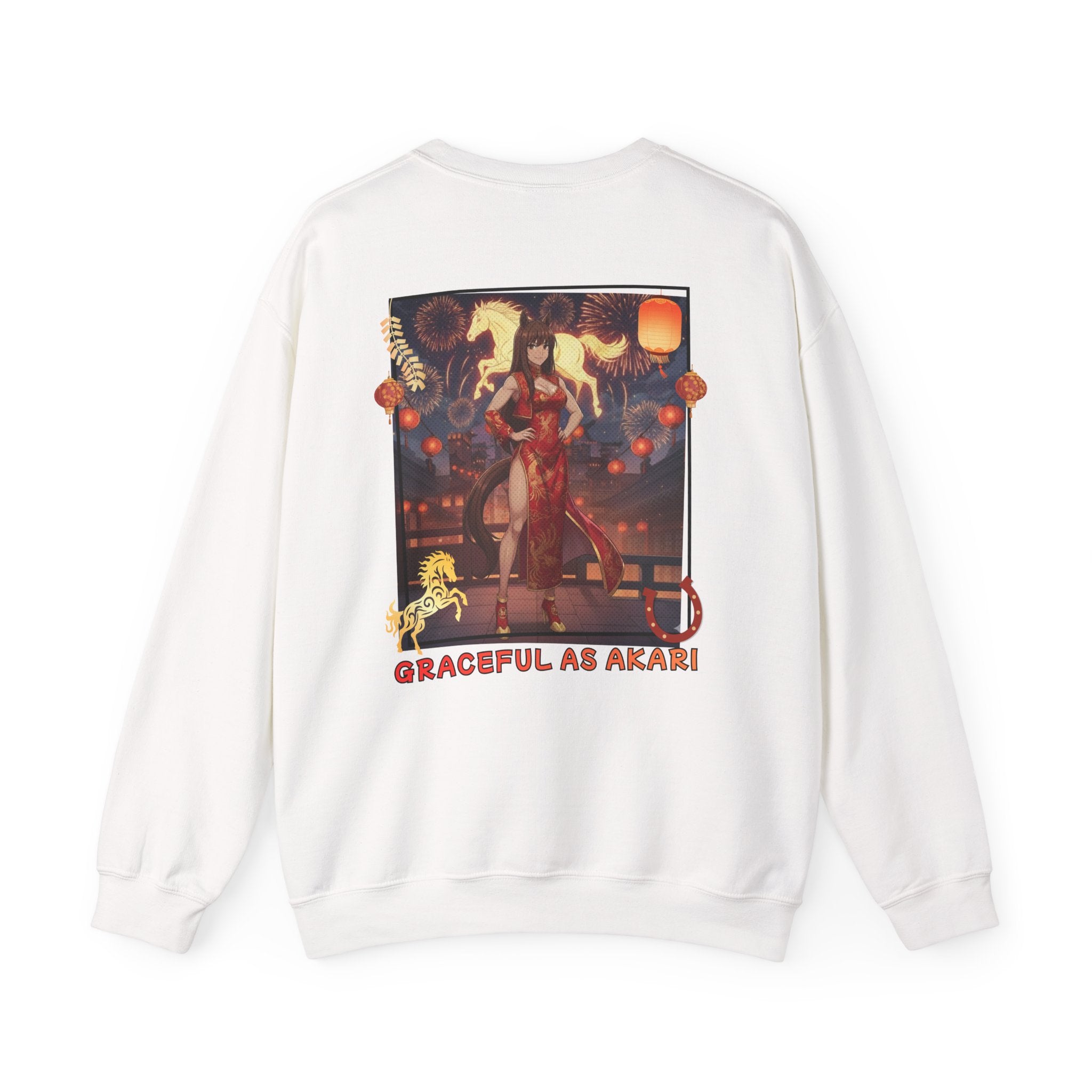 Sweatshirt Anime AKARI avec design élégant d'Akari en danse, inspiré de l'Année du Cheval.