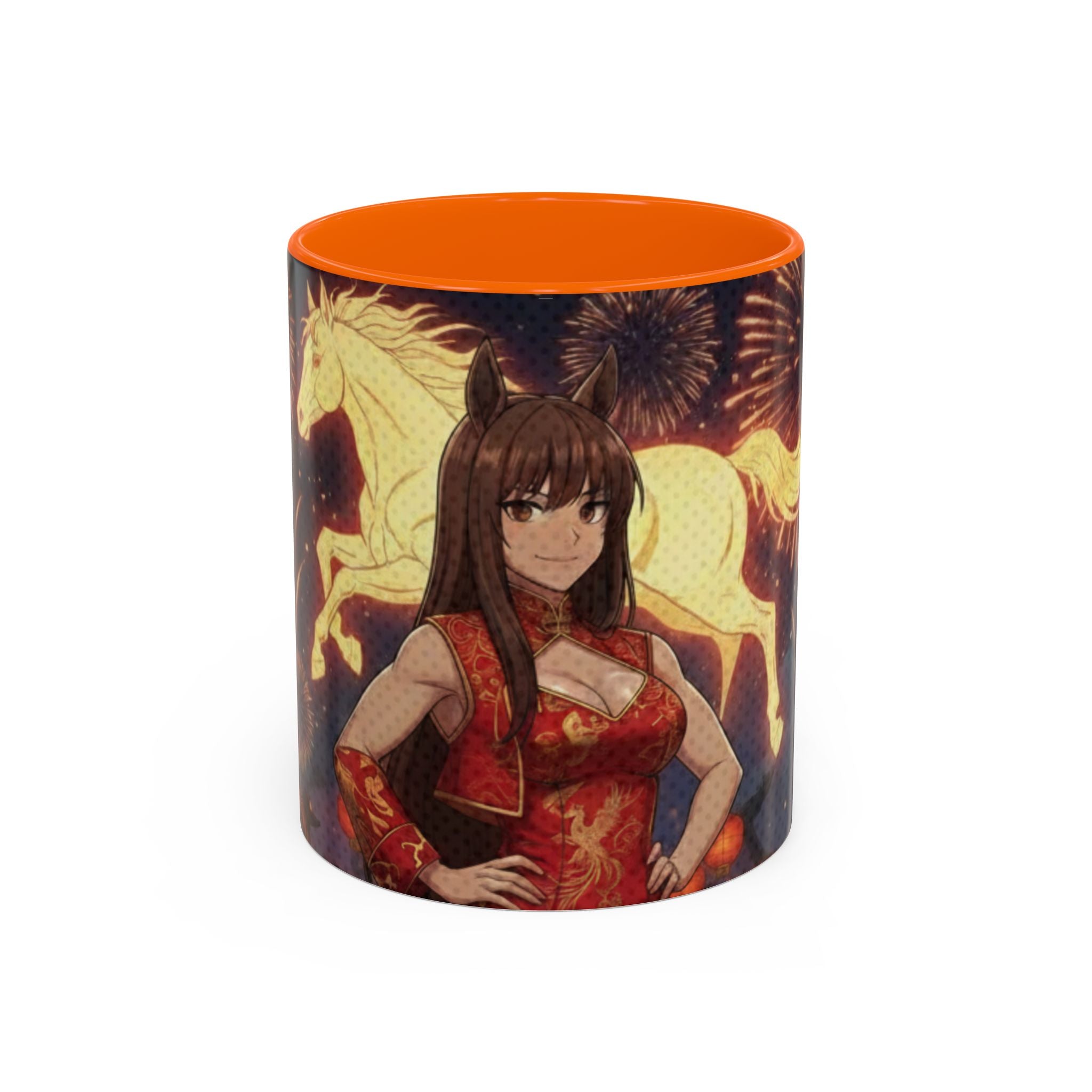 Mug Anime AKARI avec design de cheval et motifs de feu d'artifice, parfait pour les fans d'otaku et du zodiaque.