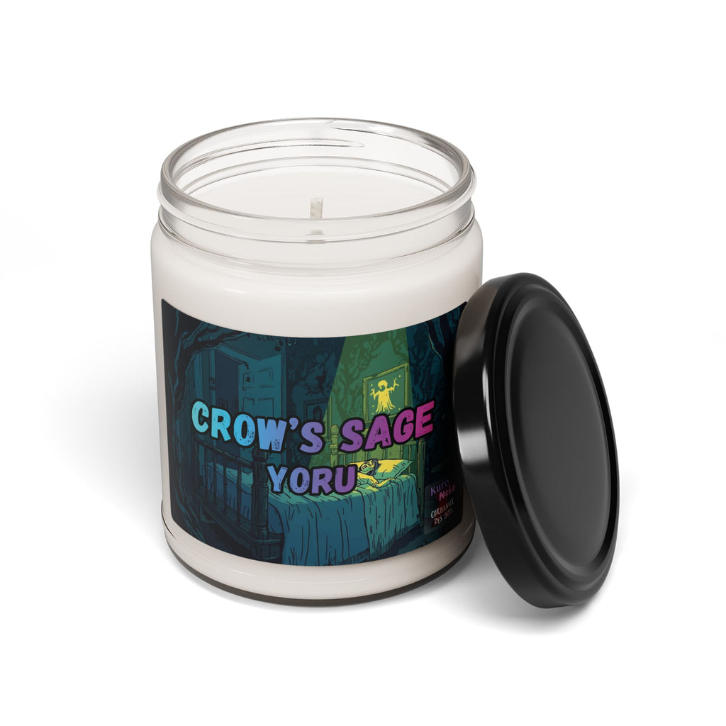 Bougie parfumée Anime YORU en pot, motif sombre avec inscription "CROW'S SAGE YORU" sur l'étiquette.