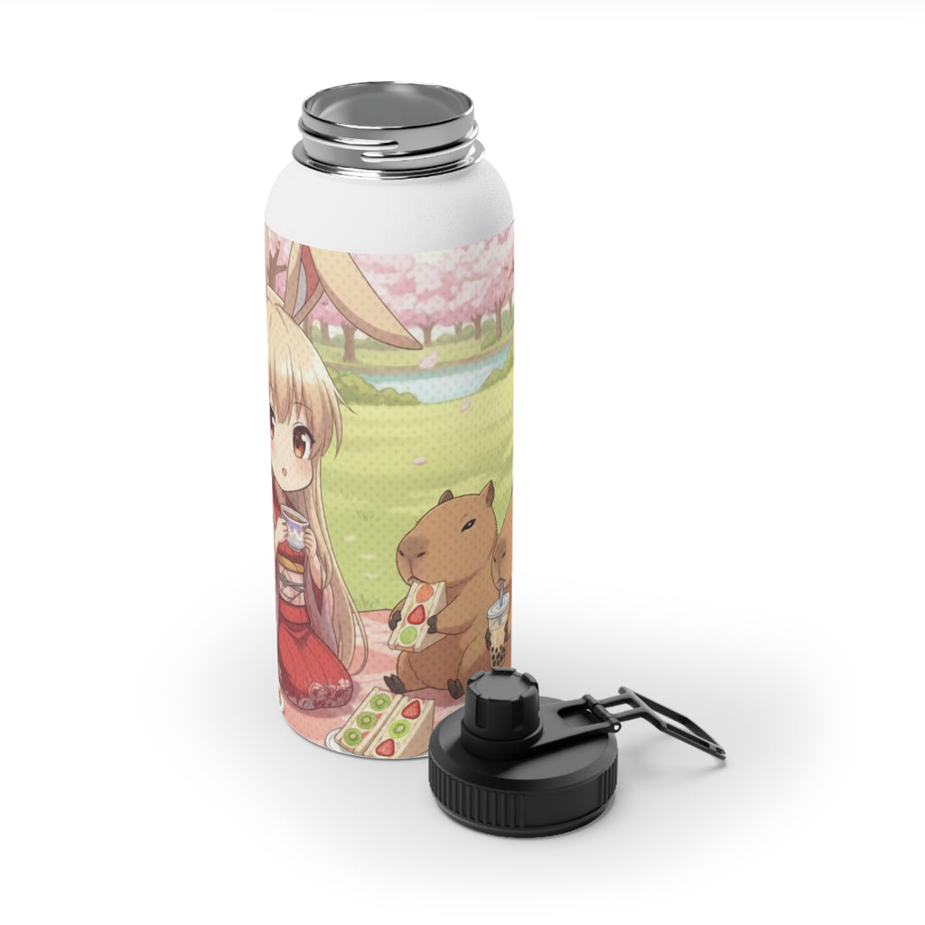 Gourde Isotherme Anime HARU Muse Chibi Pique-nique Sakura avec une muse lapin kemonomimi, oreilles d'animaux, et un capybara. Kuro Neko Shop.