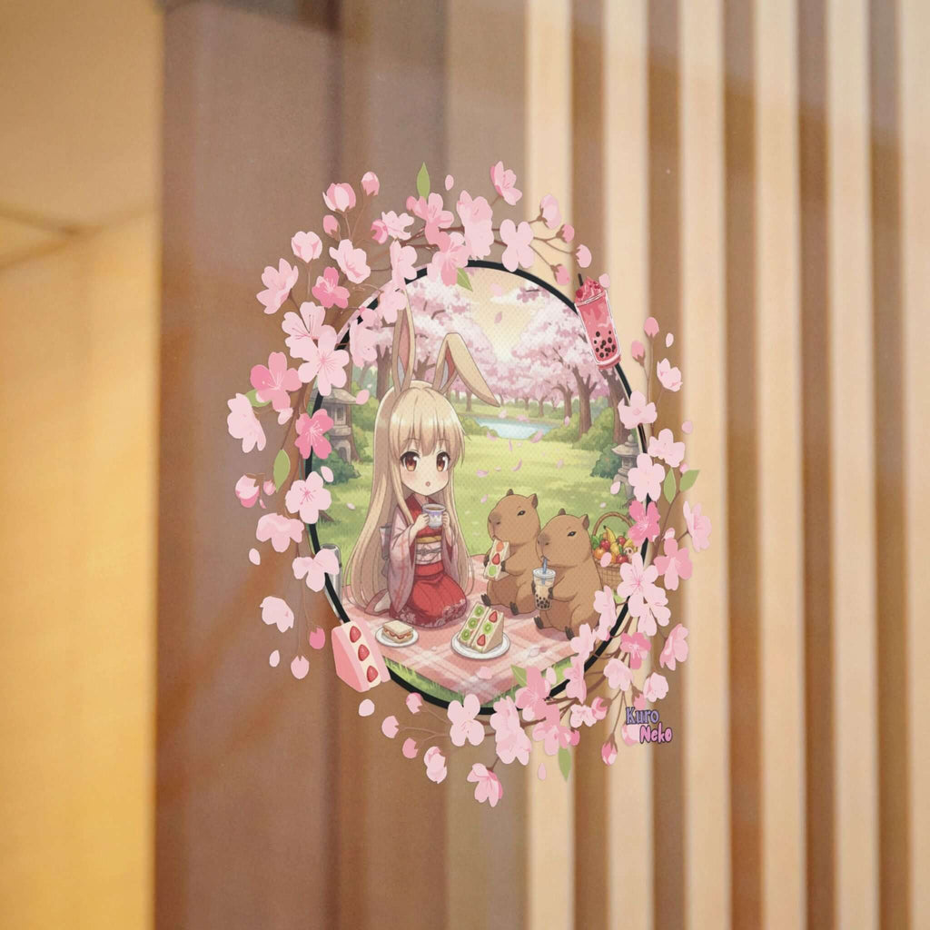 Sticker Anime HARU illustrant un pique-nique sous les sakuras avec un adorable lapin et des petits animaux.