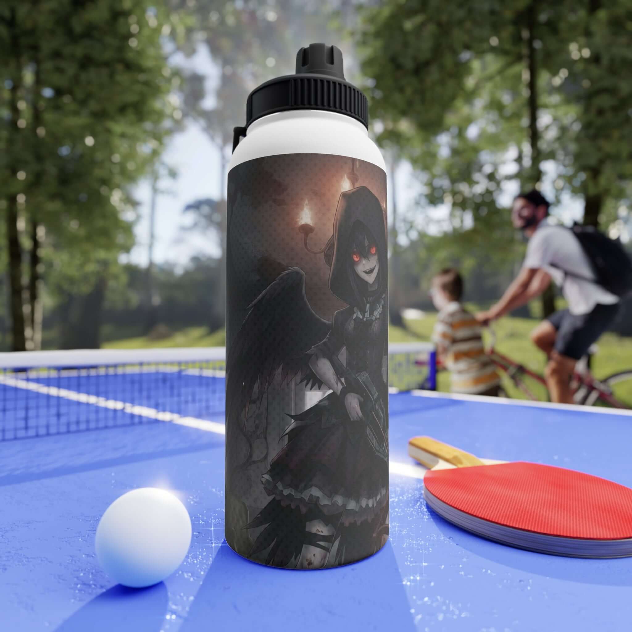 Bouteille isotherme inox blanche 950ml avec artwork Yoru corbeau démoniaque, double paroi acier inoxydable, bouchon sport