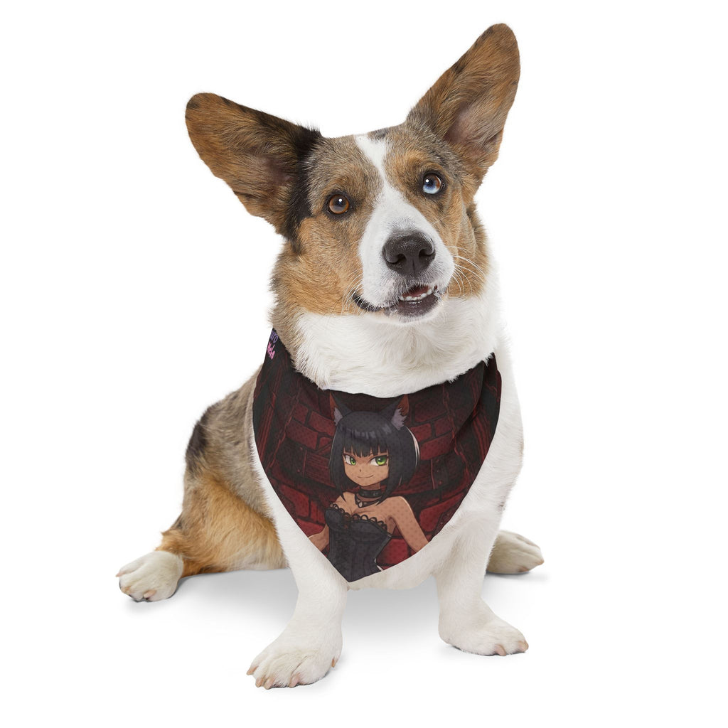 Collier bandana chat & chien Anime YAMI Louve Gothique sur un chien, mettant en avant le personnage aux oreilles d'animaux. Kuro Neko Shop.