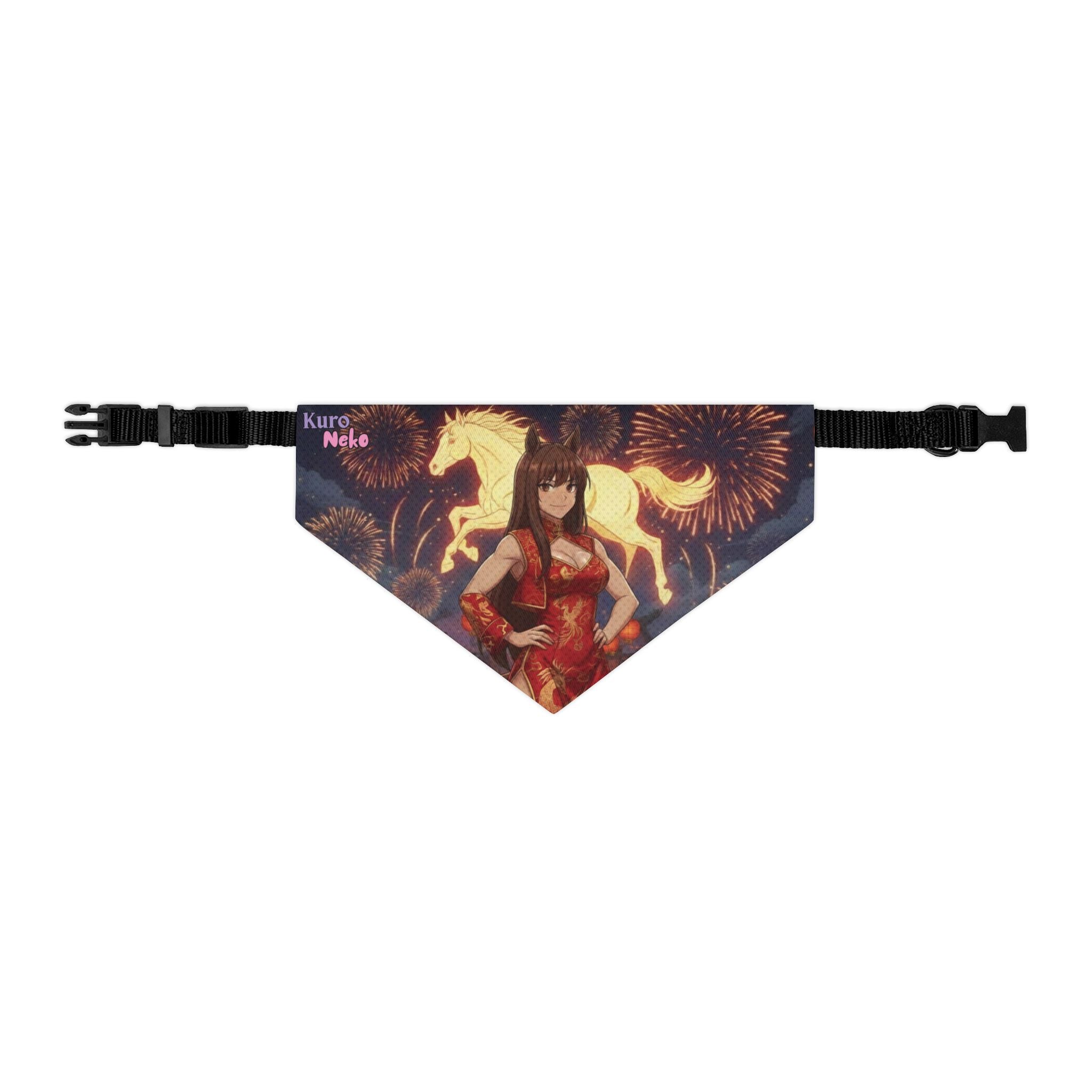 Collier bandana chat & chien Anime AKARI représentant Akari avec un cheval sur fond de feux d'artifice.