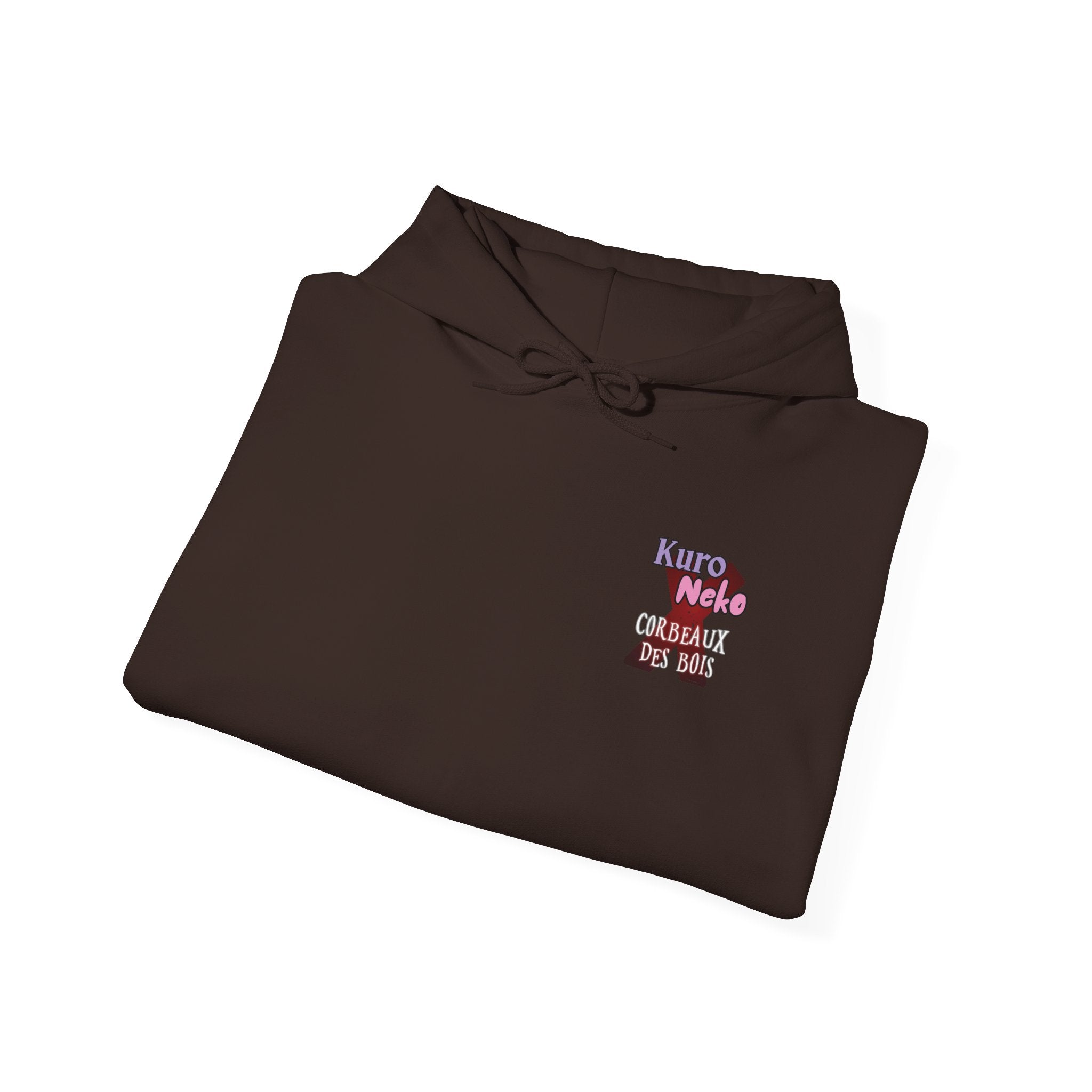 Sweat à Capuche Anime YORU en couleur marron avec design Kuro Neko et inscription Corbeaux des Bois.