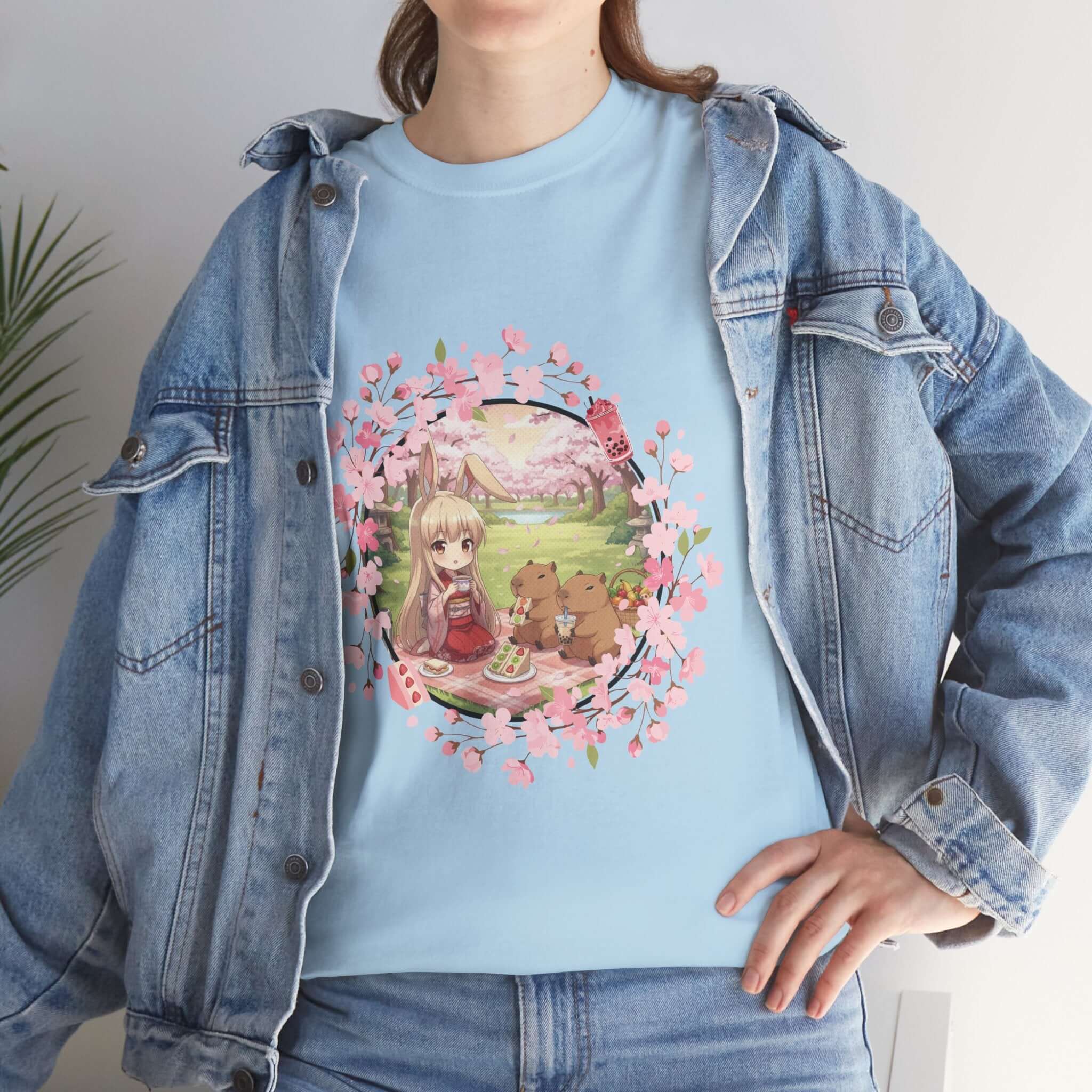 T-shirt Anime HARU Muse Chibi Pique-nique Sakura avec personnage kemonomimi et capybaras, Kuro Neko Shop.