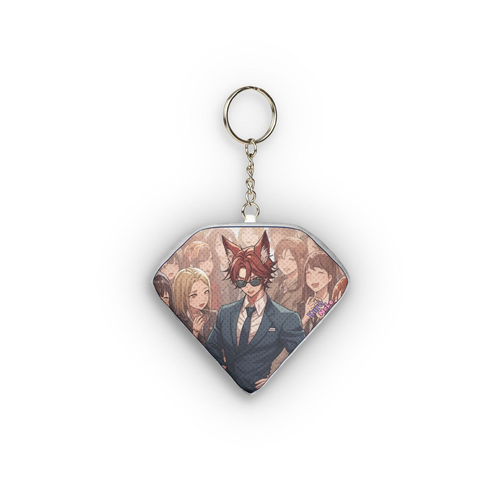 Porte-clés Peluche Anime KAITO en forme de diamant avec renard et personnages en arrière-plan.