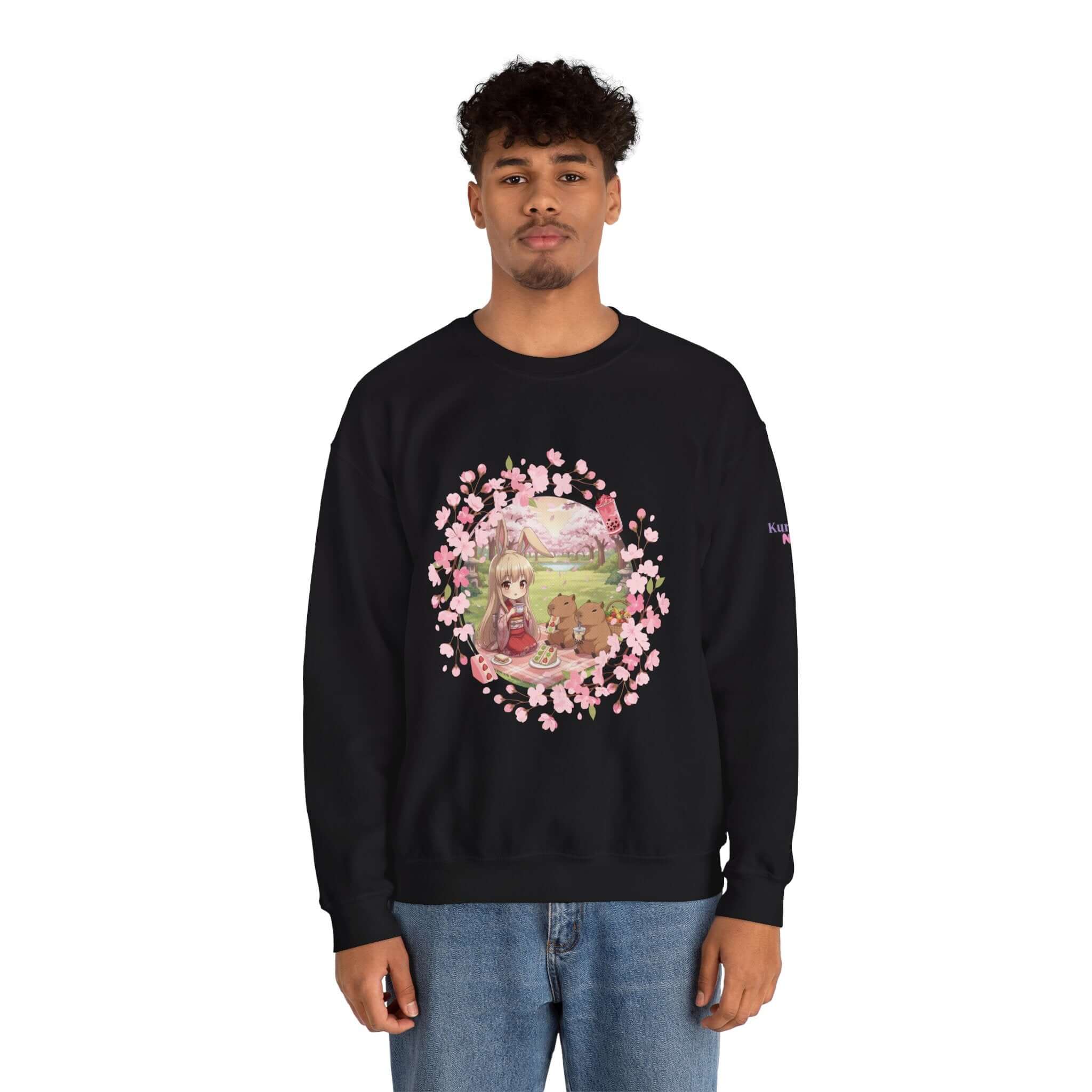 Sweatshirt Anime HARU Muse Chibi Pique-nique Sakura avec motif chibi et pétales de sakura, Kuro Neko Shop.