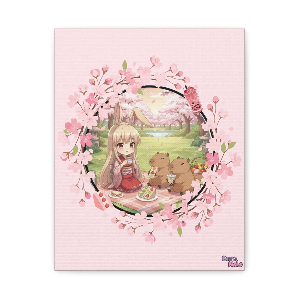 Toile Mate Anime HARU Chibi, illustration de HARU en pique-nique avec des ours dans un cadre de cerisiers en fleurs.