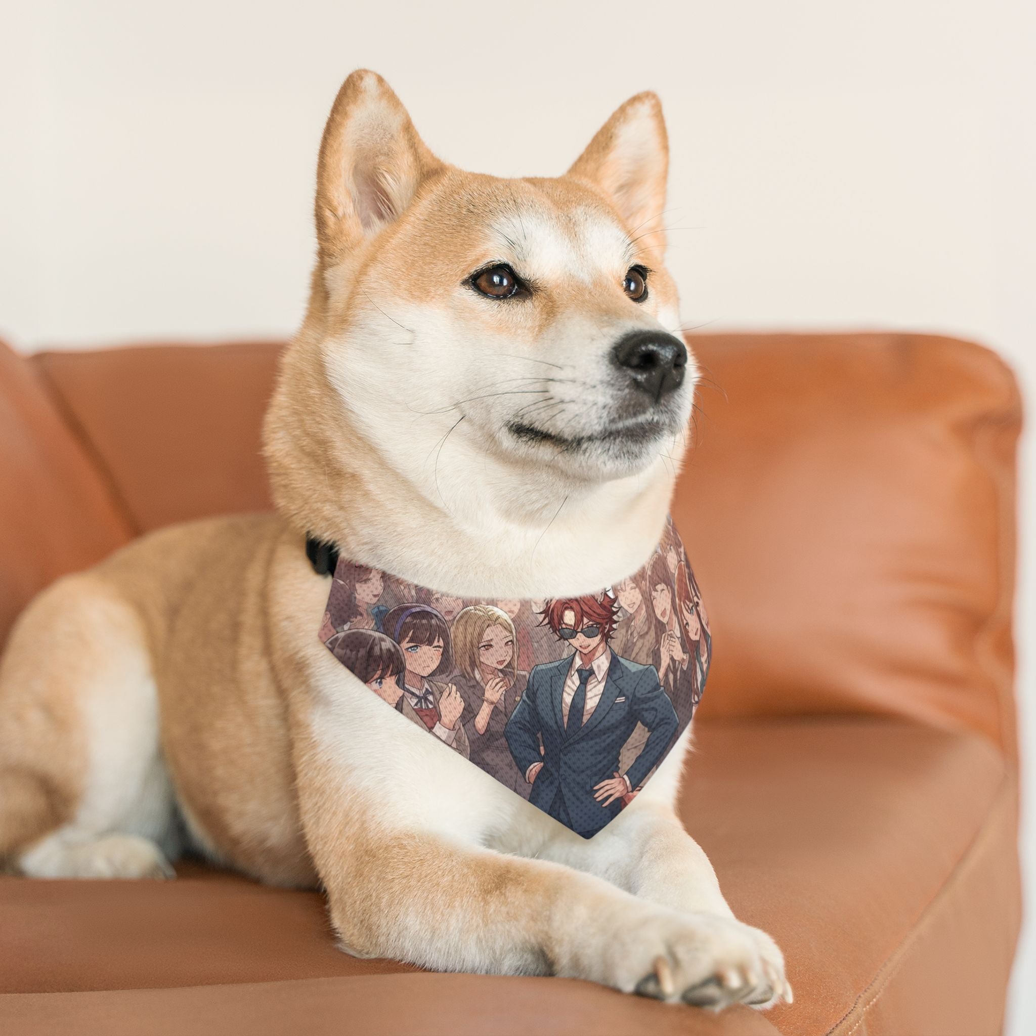 Collier bandana chat & chien Anime KAITO Renard à l'Aura Charismatique sur un chien Shiba Inu. Kuro Neko Shop.