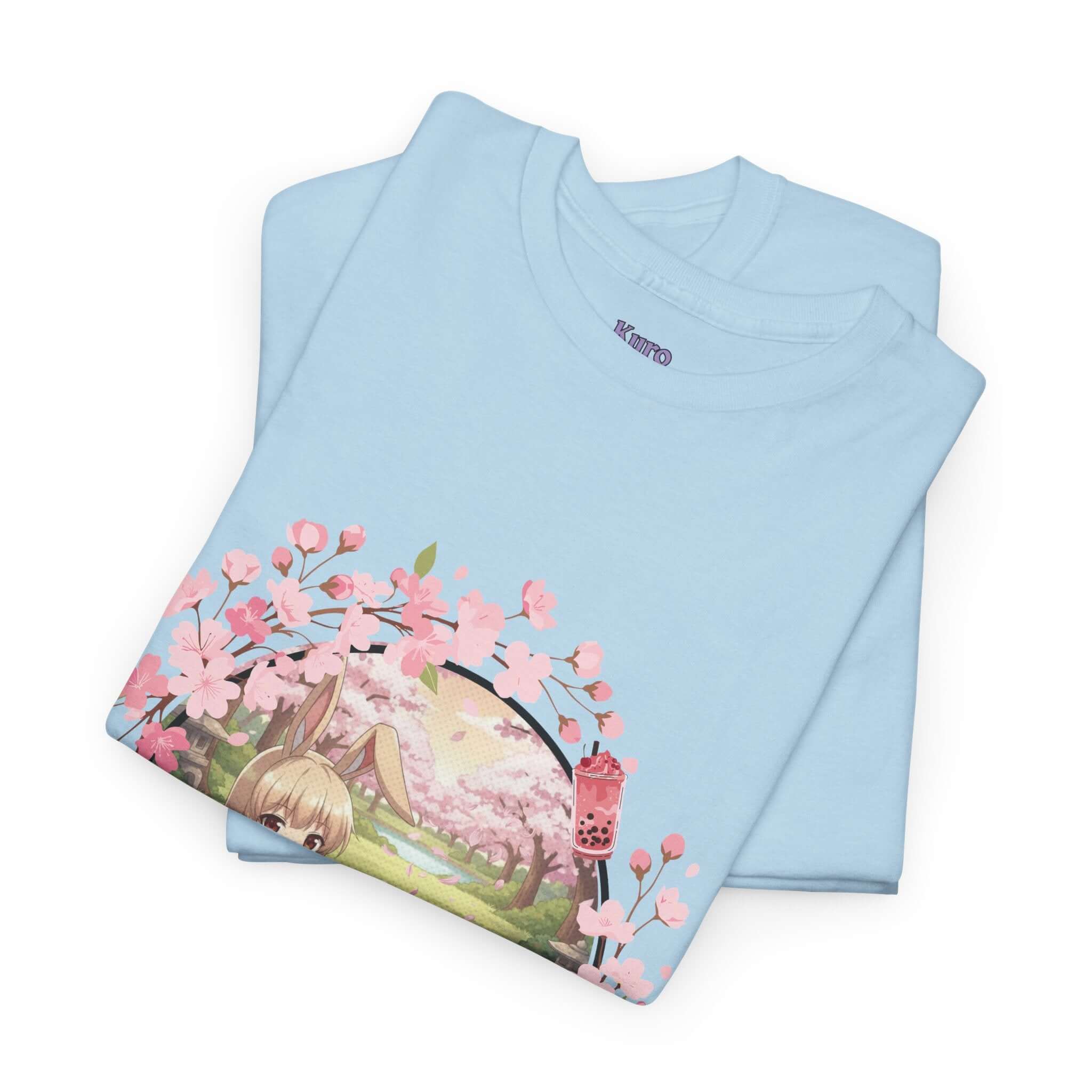 T-shirt Anime HARU Muse Chibi Pique-nique Sakura avec design de lapin kemonomimi sous les pétales de sakura, Kuro Neko Shop.