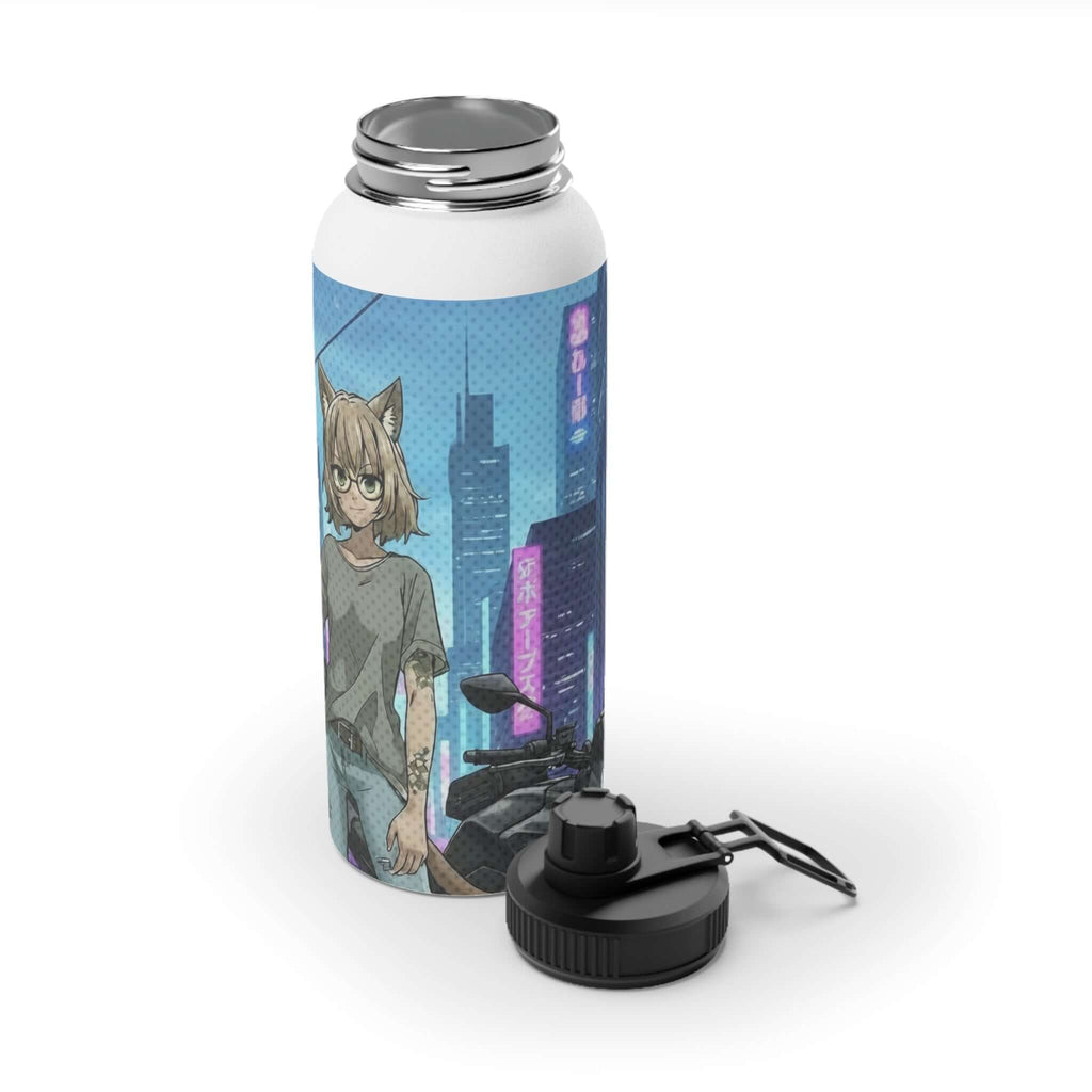 Bouteille isotherme sportive en acier inoxydable blanc 950ml avec artwork Hanko chat kemonomimi cyberpunk néon, waifu oreilles de chat futuriste, double paroi thermique, bouchon sport, design original Kuro Neko Shop, sans BPA