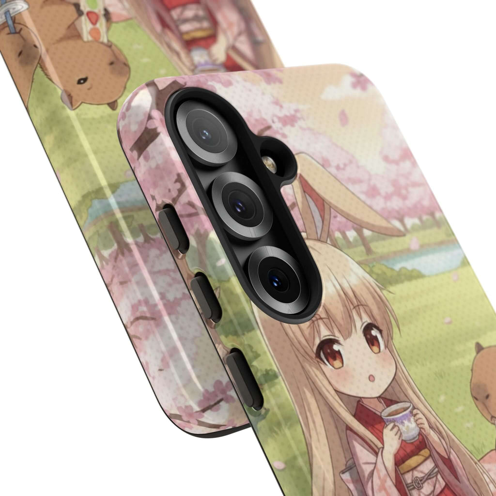Coque de Téléphone Anime HARU Muse Chibi Pique-nique avec oreilles de lapin kemonomimi et capybaras, Kuro Neko Shop.