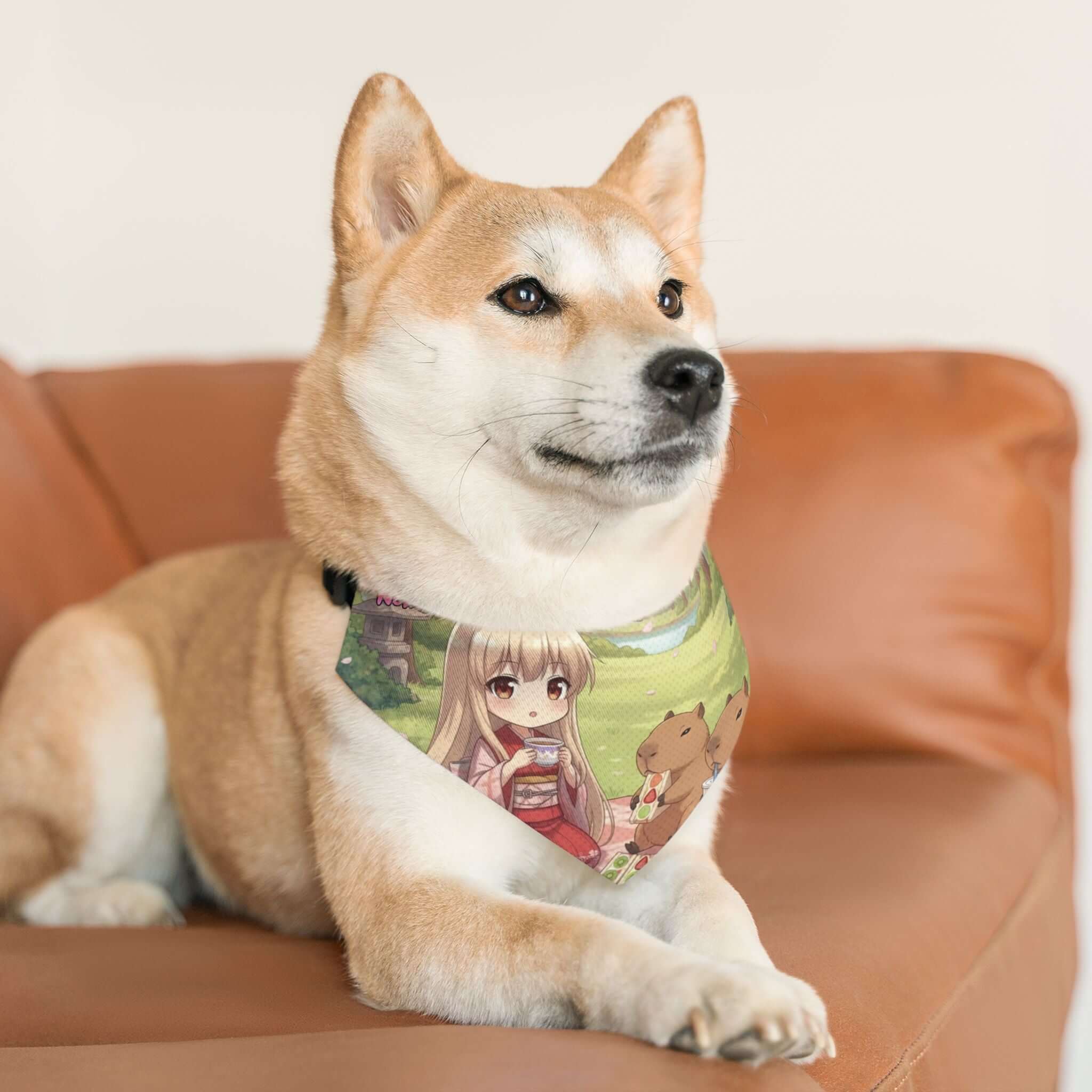 Collier Bandana Chat & Chien Anime HARU Muse Chibi sur un chien Shiba Inu avec un design adorable de personnage kemonomimi, Kuro Neko Shop.