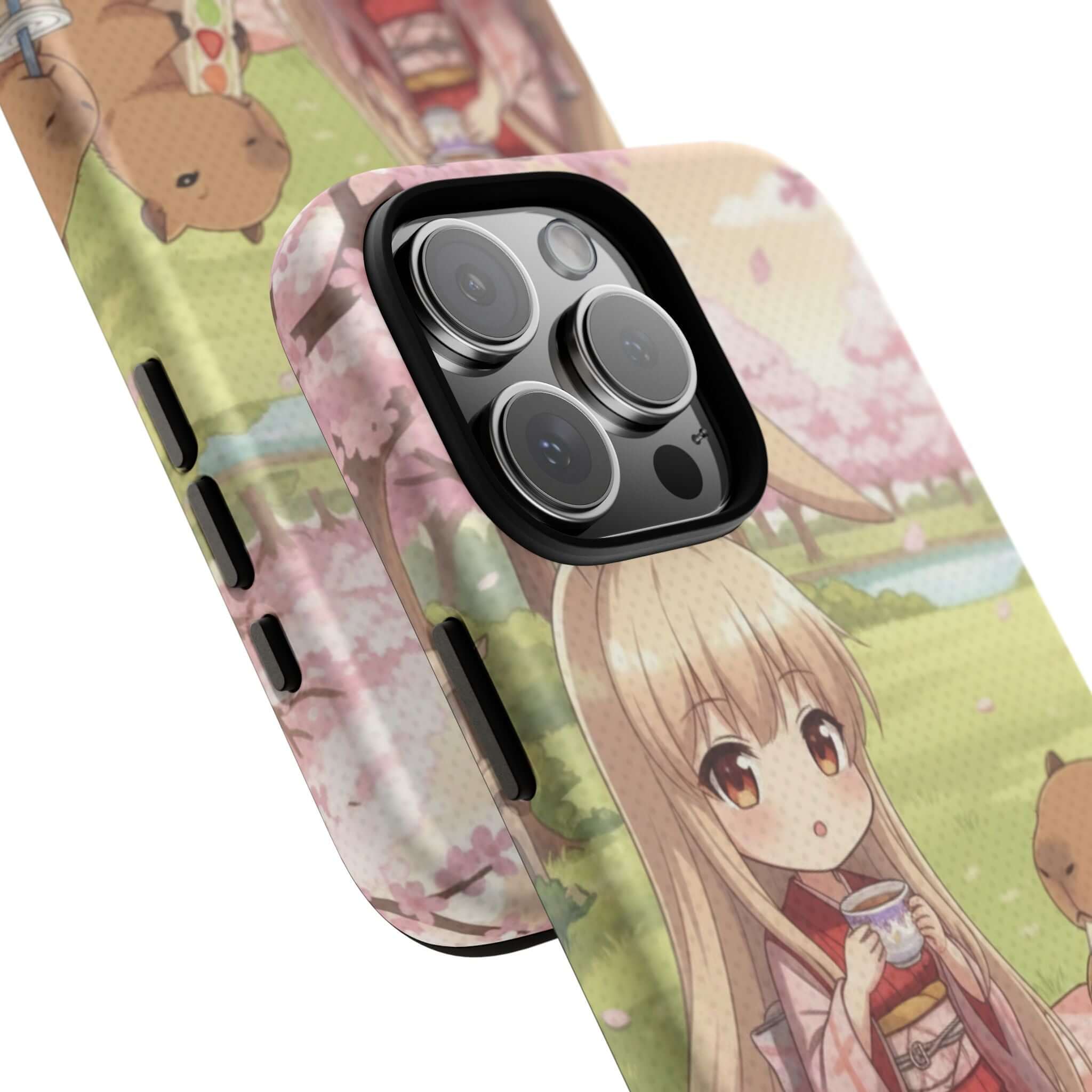 Coque de Téléphone Anime HARU Muse Chibi Pique-nique avec motifs de sakura, kapibaras et une muse avec des oreilles d'animaux, Kuro Neko Shop