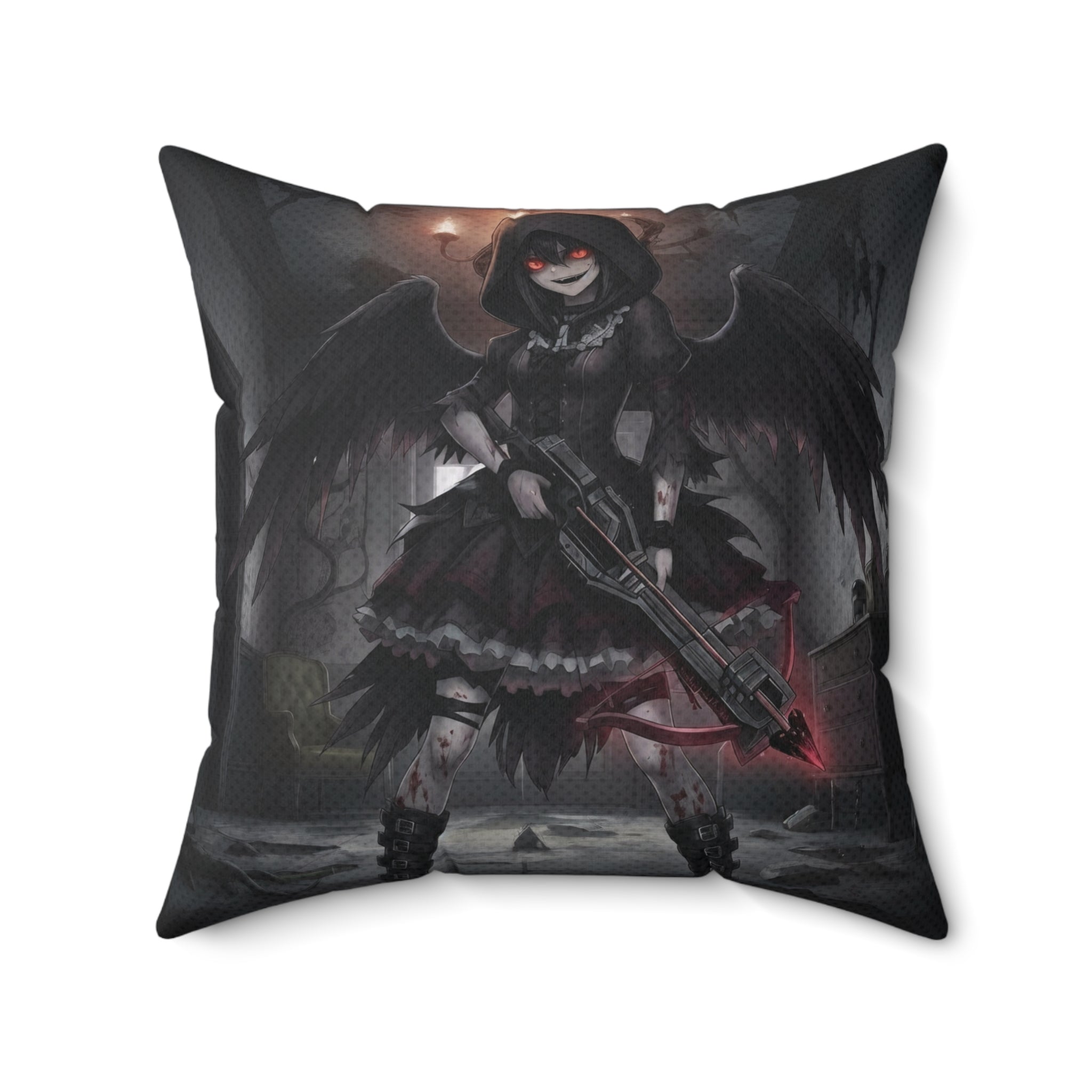 Coussin Anime YORU avec une muse chasseuse de démons gothique tenant une arme, ambiance sombre et mystérieuse.
