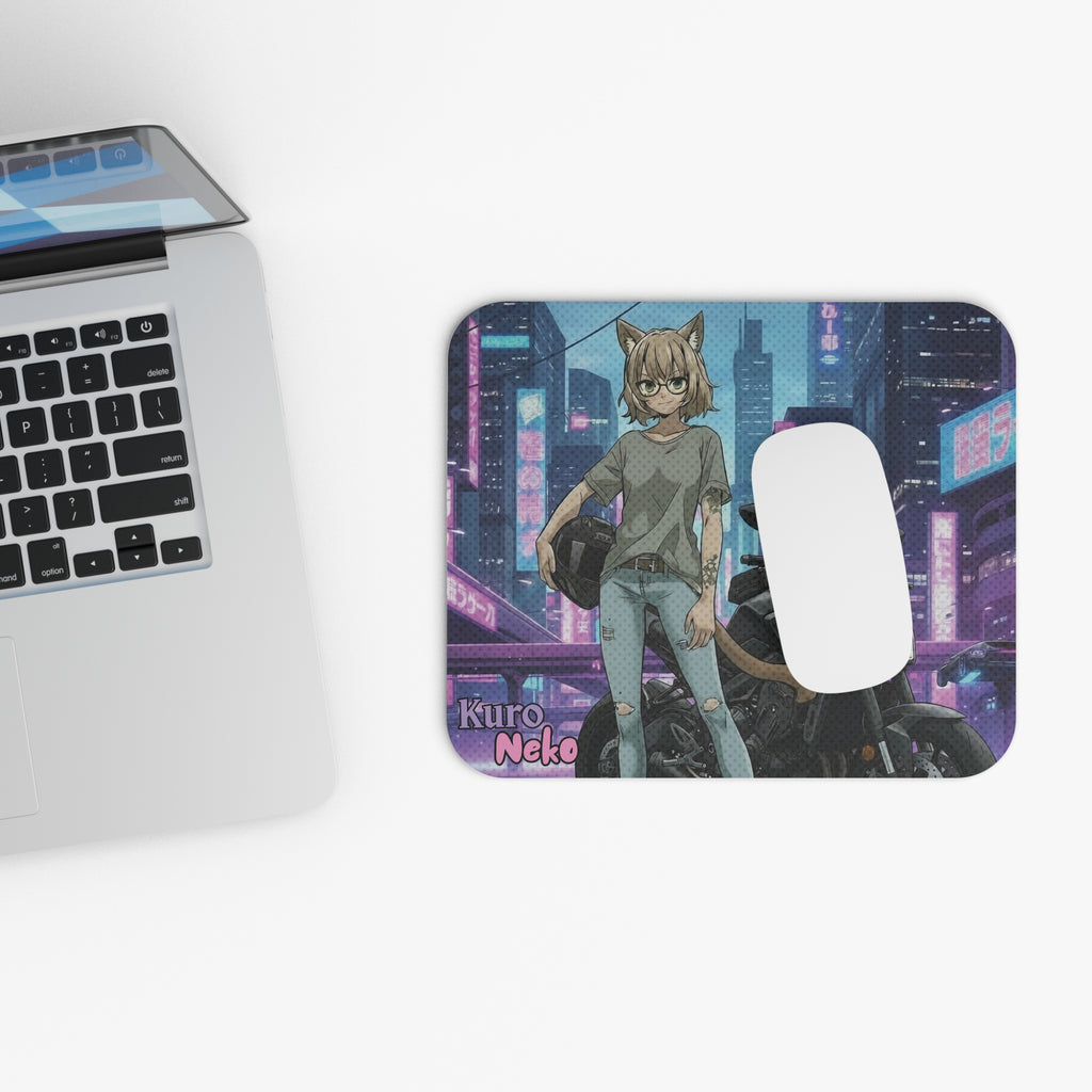 Tapis de souris Anime HANKO avec design de fille kamonomimi dans un décor cyberpunk.