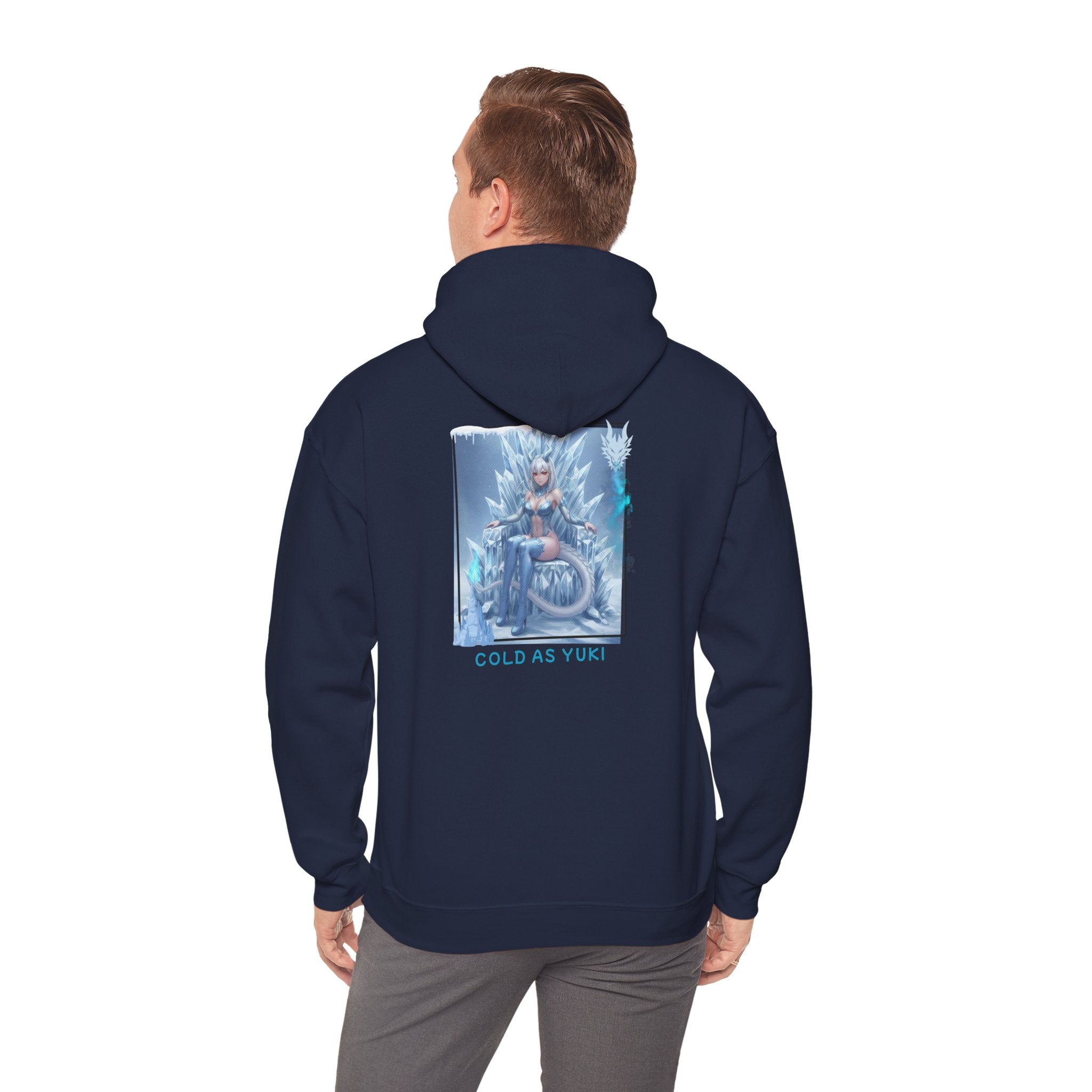Hoodie bleu nuit avec impression anime Waifu YUKI Dragon Girl Reine de Glace sur trône de glace Christmas Gift Hivernal