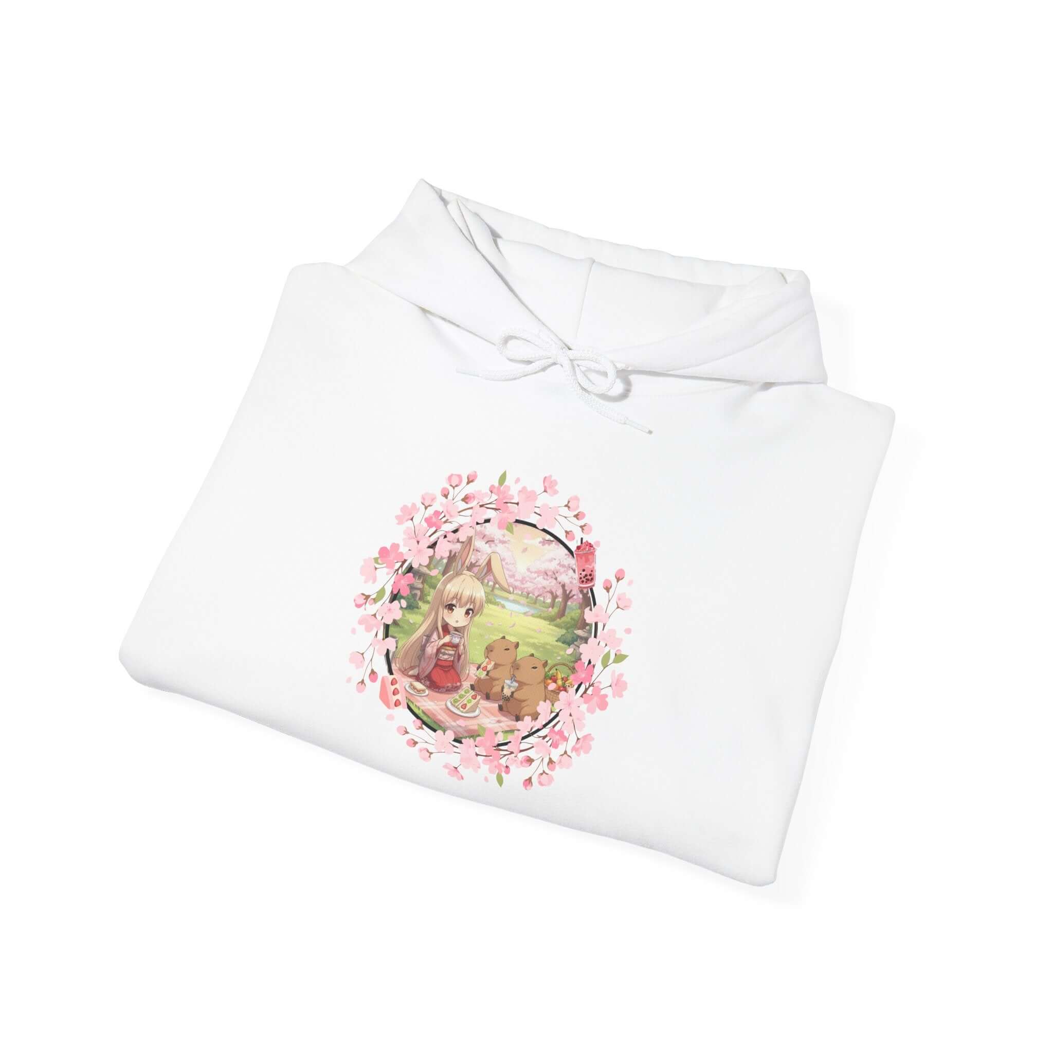 Sweat à capuche Anime HARU Muse Chibi Pique-nique Sakura avec design de pique-nique sous des fleurs de sakura, Kuro Neko Shop.
