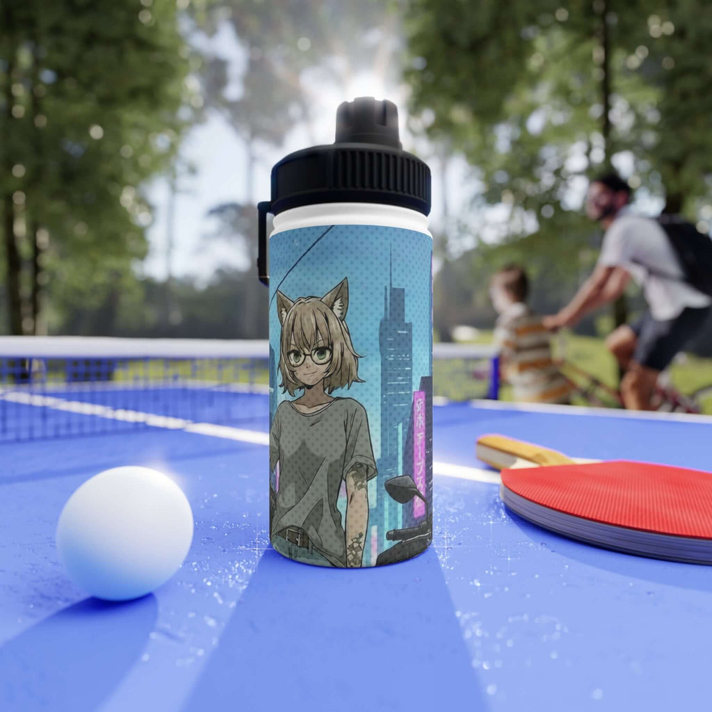 Gourde isotherme Anime HANKO en acier inoxydable blanc 350ml avec design Hanko chat kemonomimi cyberpunk, waifu oreilles de chat, esthétique néon futuriste, double paroi thermique, bouchon sport à visser, sans BPA, design original Kuro Neko Shop