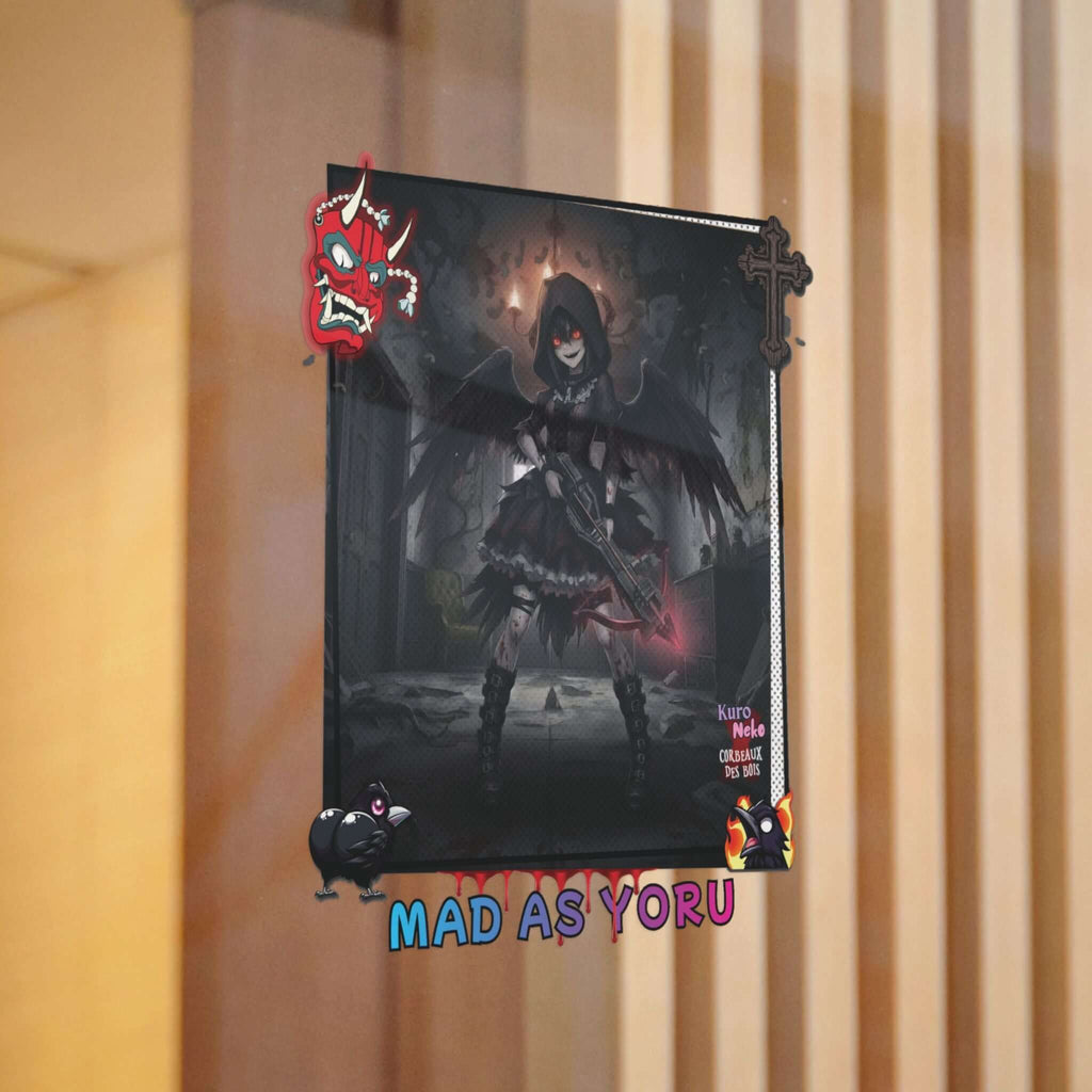 Sticker découpé anime YORU affiché dans un décor gothique, représentant une muse chasseuse de démons.