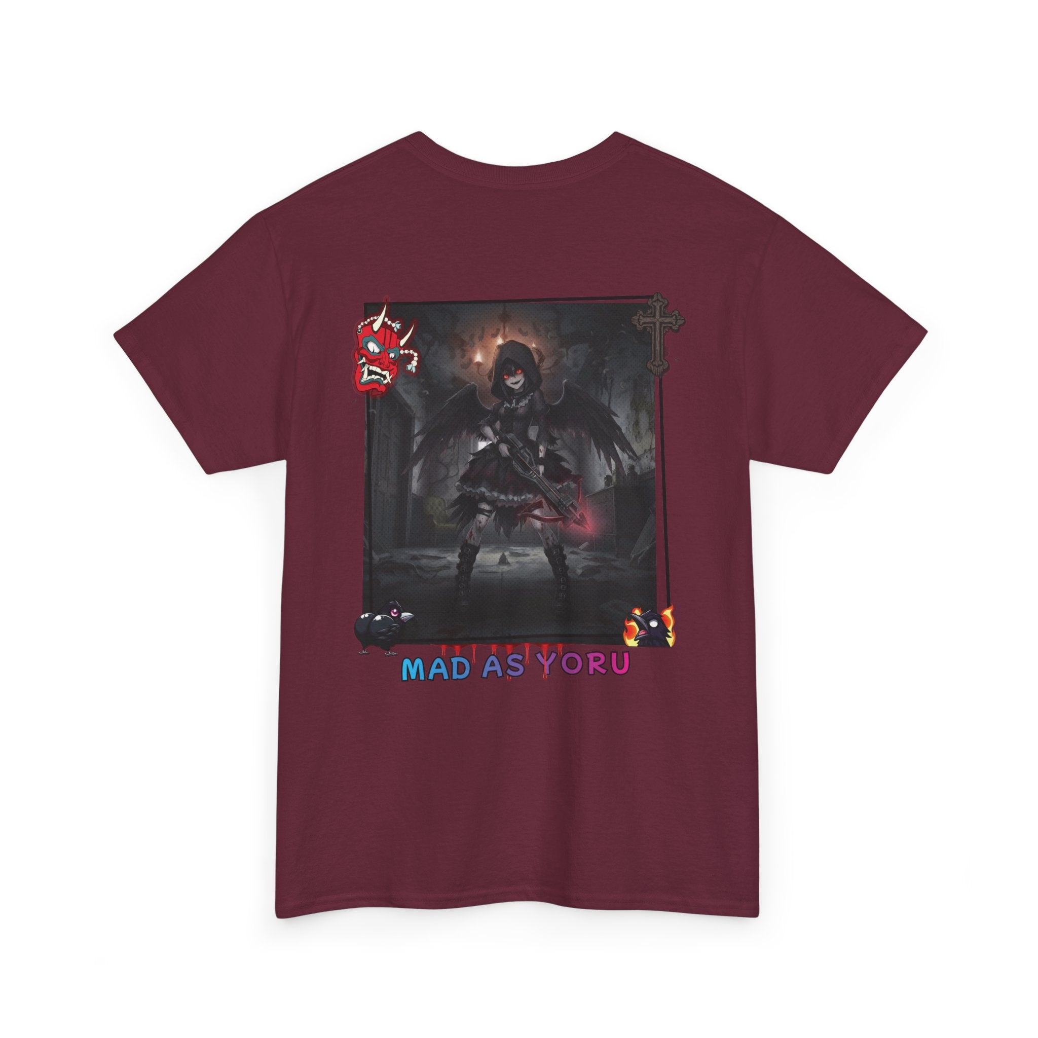 T-shirt Anime YORU Demon Hunter - design sombre avec Yoru corbeau, texte MAD AS YORU sur fond noir et éléments fantasy