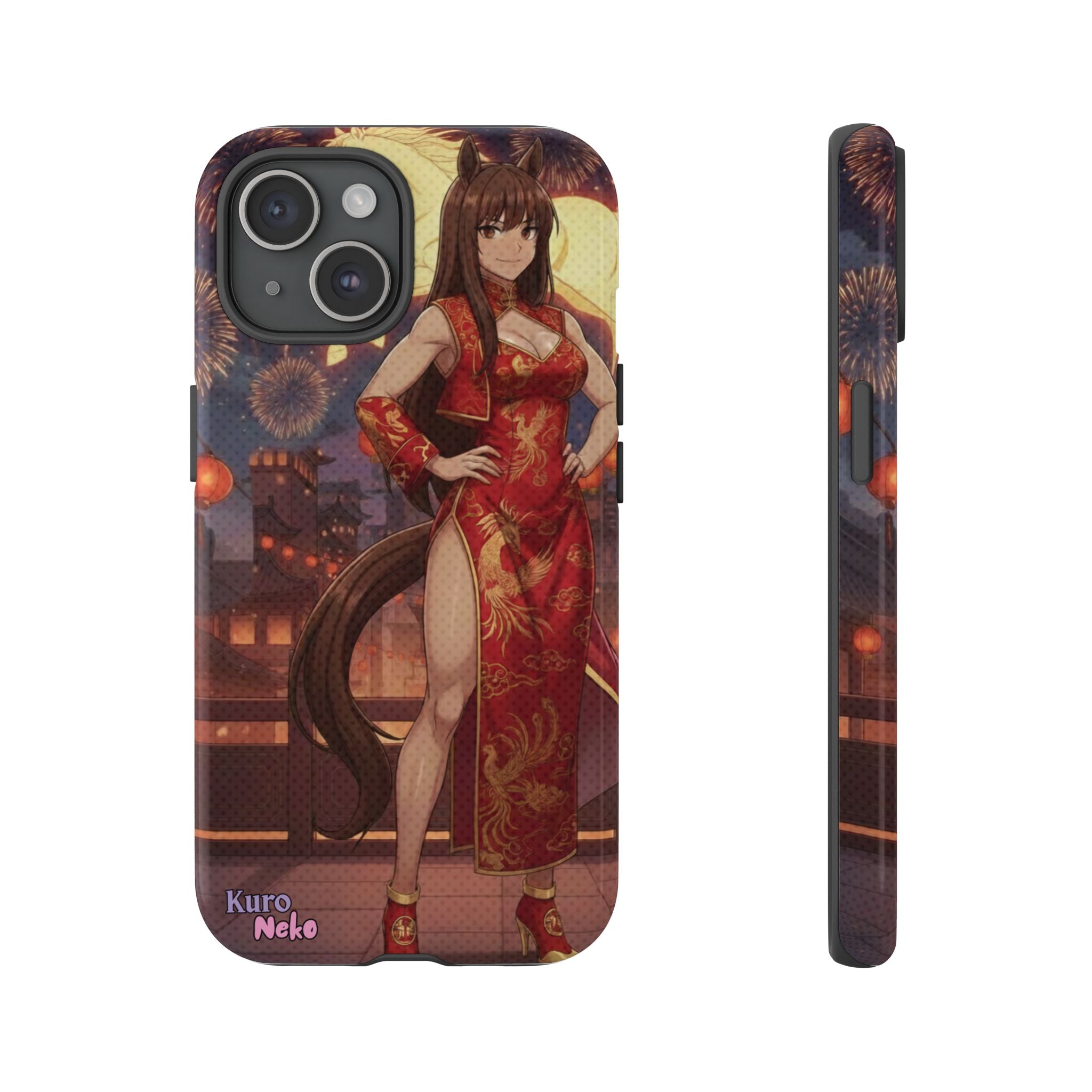 Coque téléphone Anime AKARI Année du Cheval 2026 & Protection avec une muse kemonomimi élégante en tenue festive.