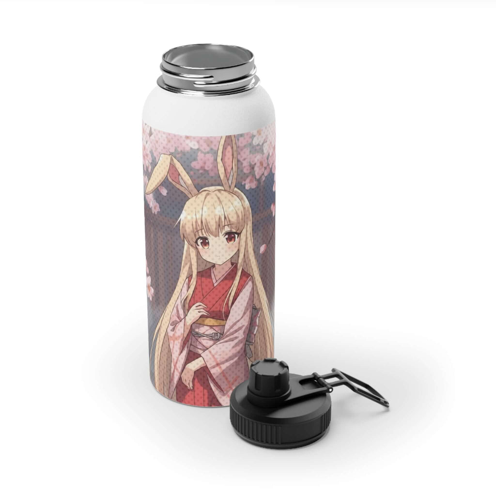 Bouteille isotherme sportive en acier inoxydable blanc 950ml avec artwork Haru lapin kemonomimi waifu sereine, oreilles de lapin, vibes onsen kawaii, double paroi thermique, bouchon sport, design original Kuro Neko Shop, sans BPA
