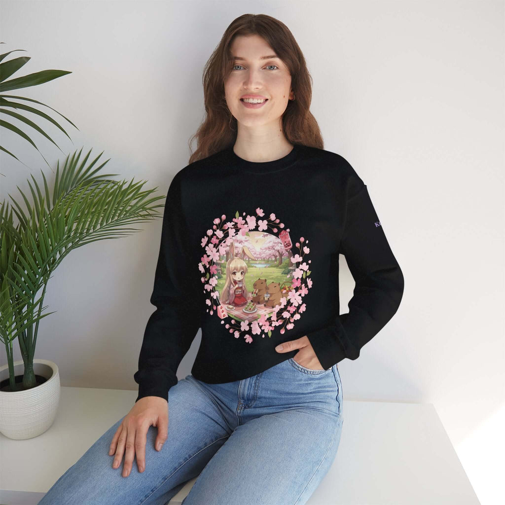 Sweatshirt Anime HARU Muse Chibi Pique-nique Sakura avec adorable kemonomimi et oreilles d'animaux, Kuro Neko Shop.