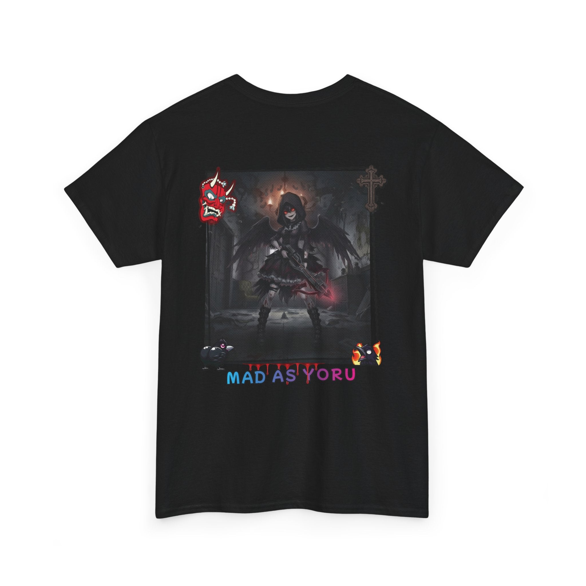 T-shirt Anime YORU Demon Hunter - design sombre avec Yoru et imagery horreur, texte Mad as Yoru, chasse démons, vibe anime