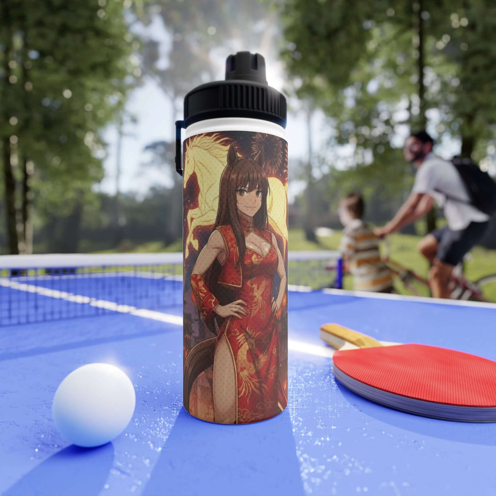 Gourde isotherme inox blanche 530ml avec illustration Akari waifu cheval de feu majestueux, édition spéciale Année du Cheval 2026, kemonomimi anime, construction double paroi, acier inoxydable premium