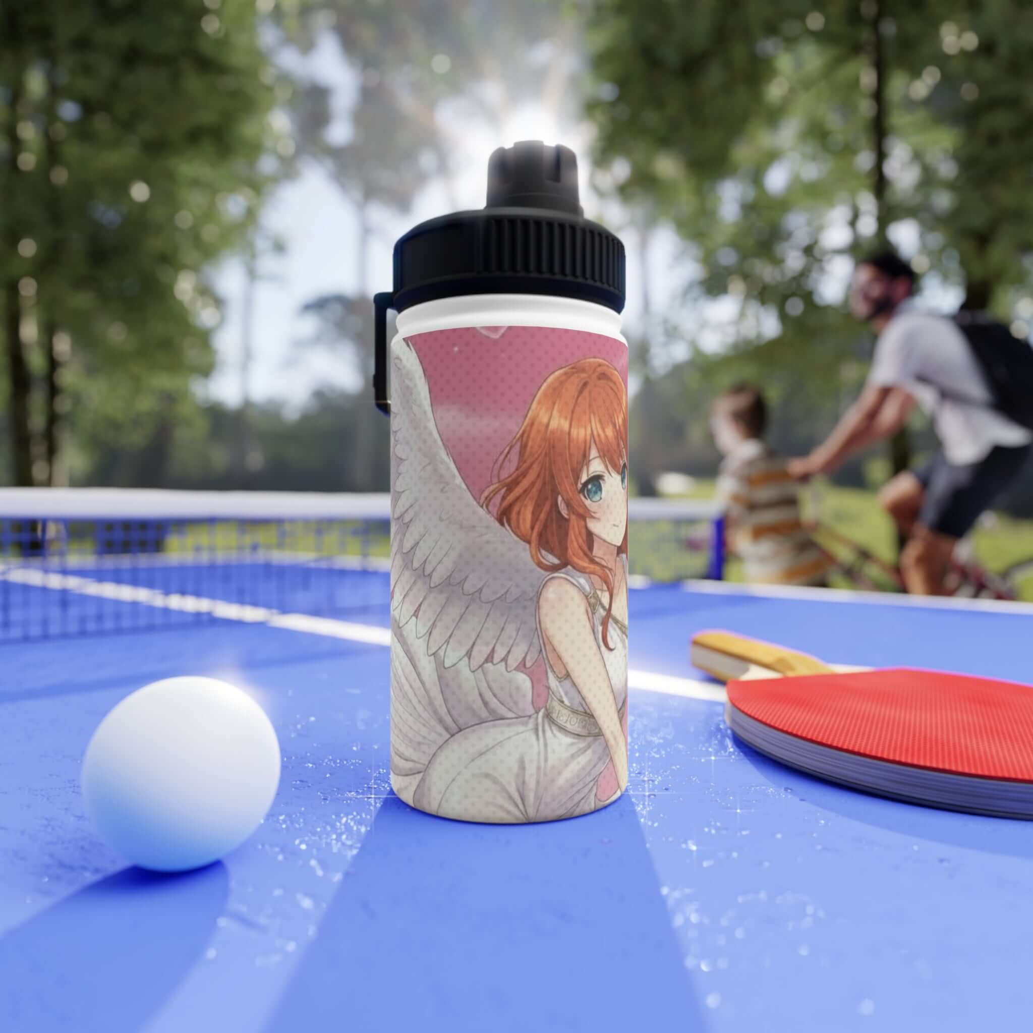 Gourde isotherme Anime AIKO en acier inoxydable blanc 350ml avec design Aiko cygne romantique, waifu kemonomimi esthétique angélique, double paroi thermique, bouchon sport à visser, sans BPA