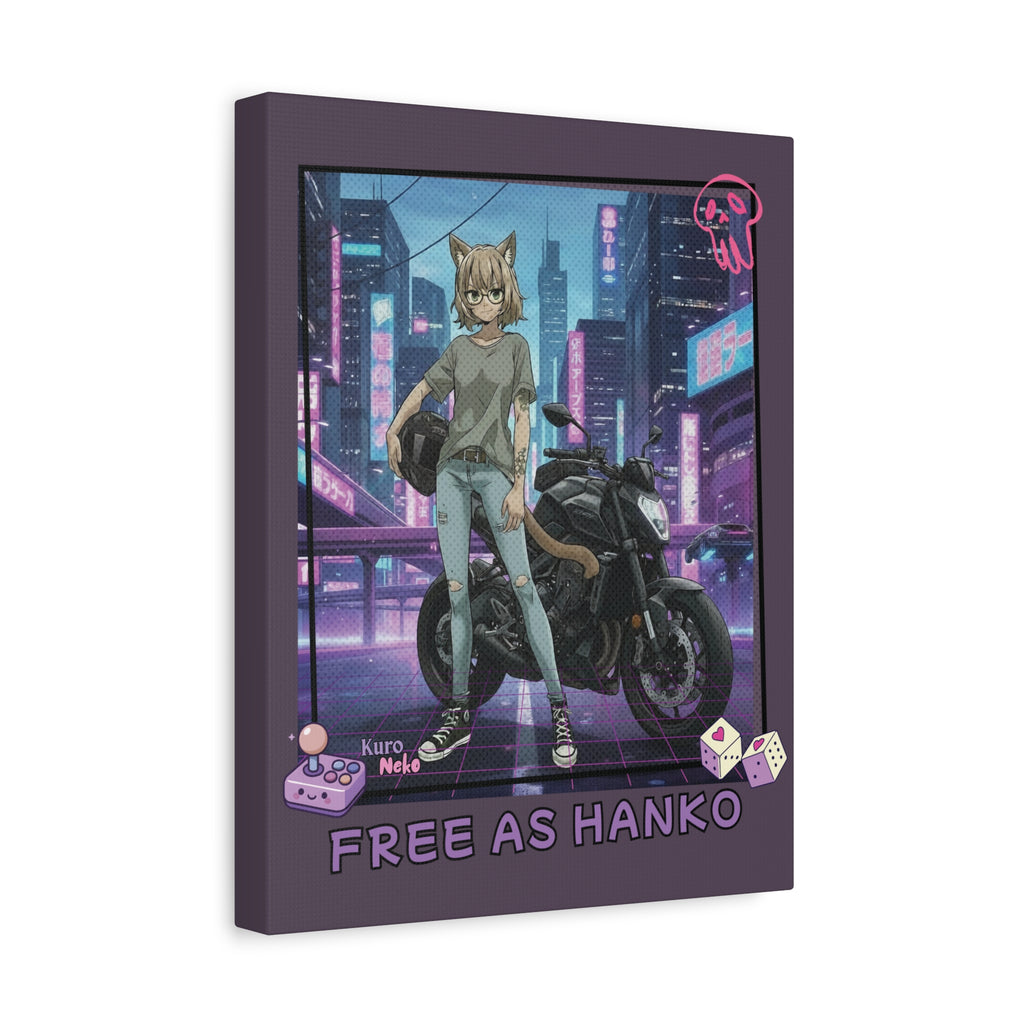 Toile Mate Anime HANKO avec personnage kemonomimi sur une moto dans un décor cyberpunk.