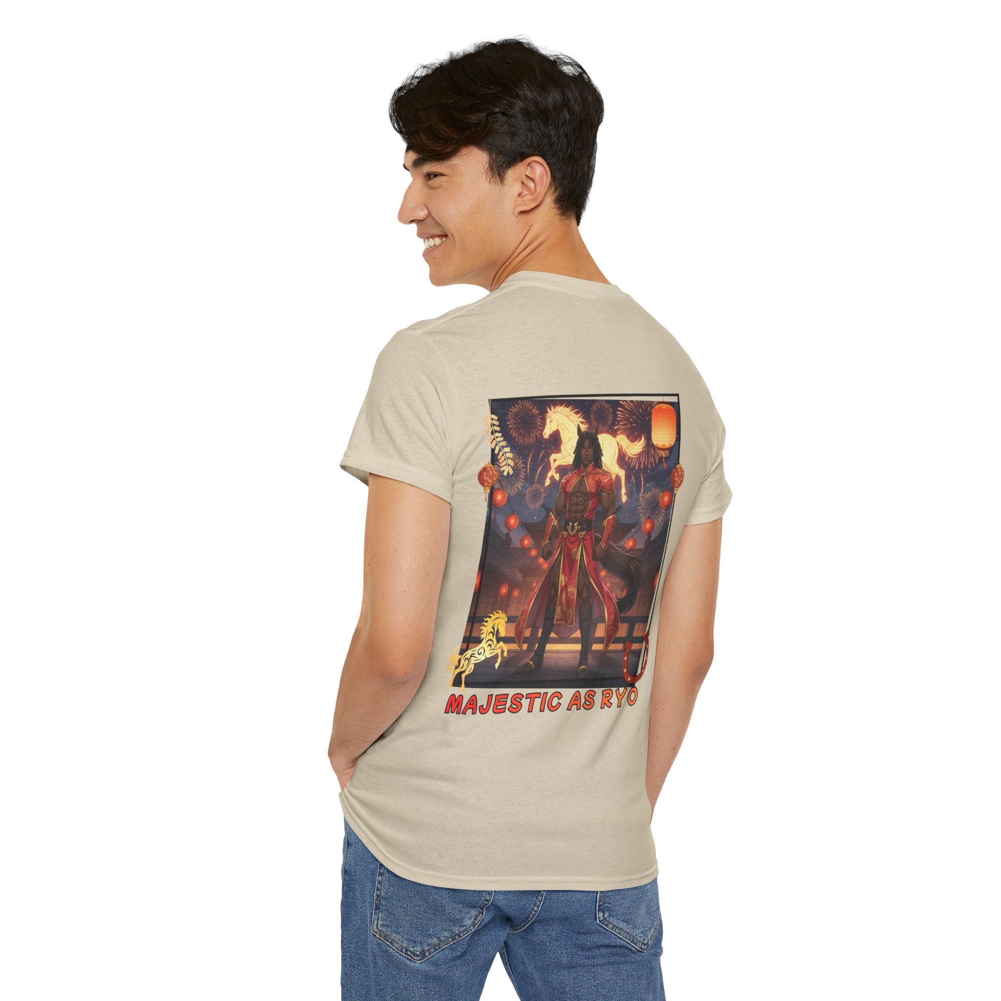 T-Shirt Anime RYO avec impression Majestic as RYO, design inspiré du zodiaque et du style cheval royal.