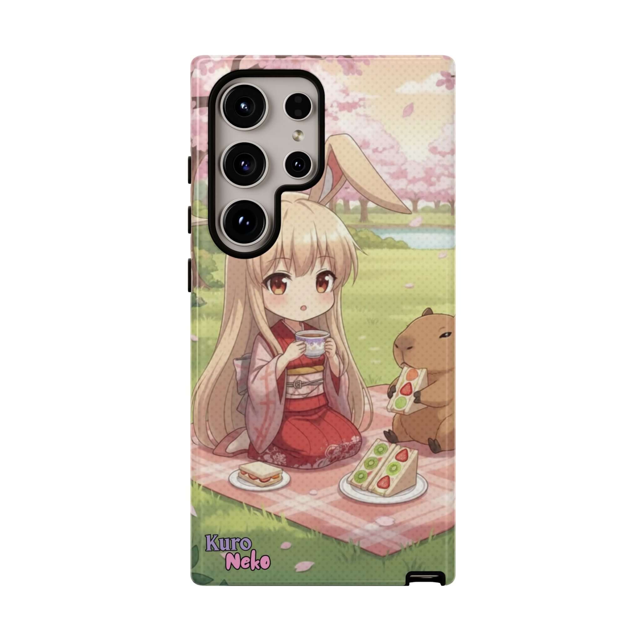 Coque de Téléphone Anime HARU Muse Chibi Pique-nique, personnage kemonomimi avec oreilles de lapin et plat, Kuro Neko Shop.