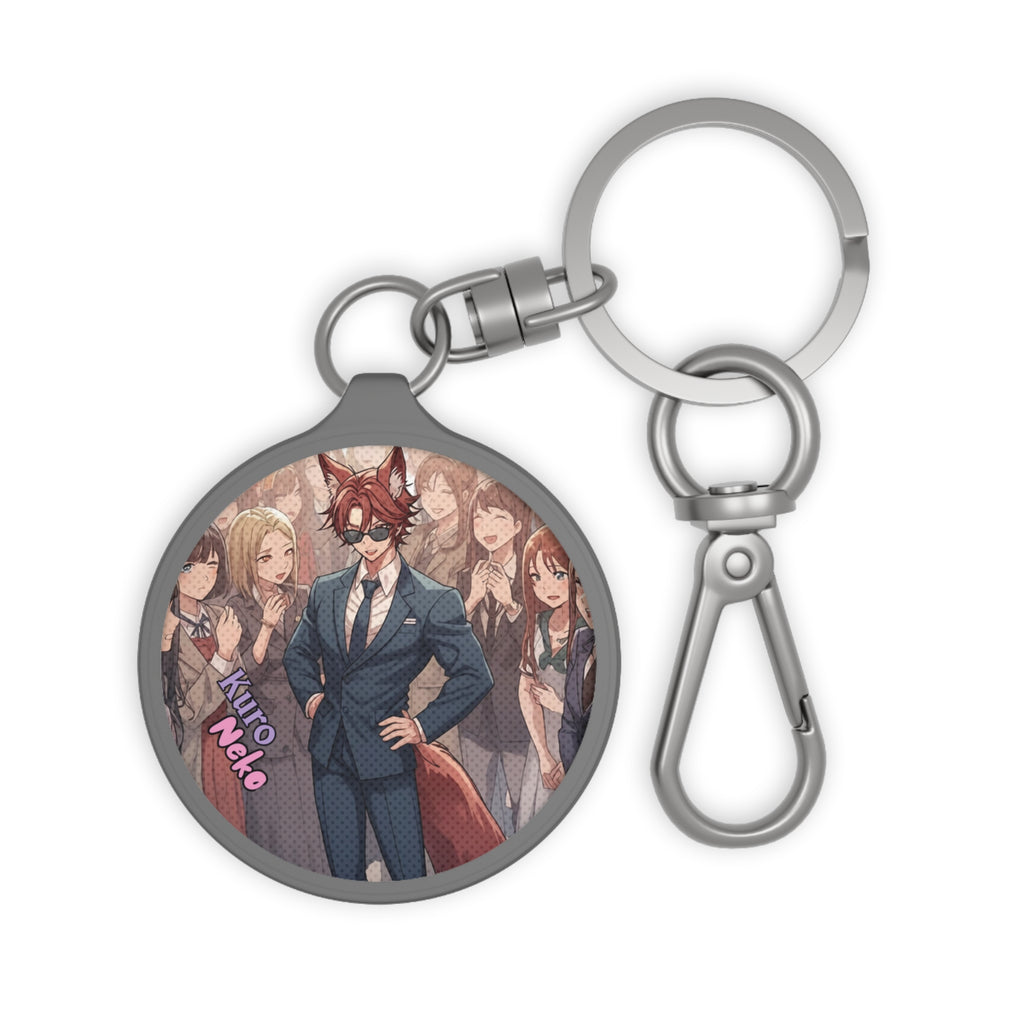 Porte-clés Anime KAITO avec un renard kemonomimi en costume et des personnages en arrière-plan.