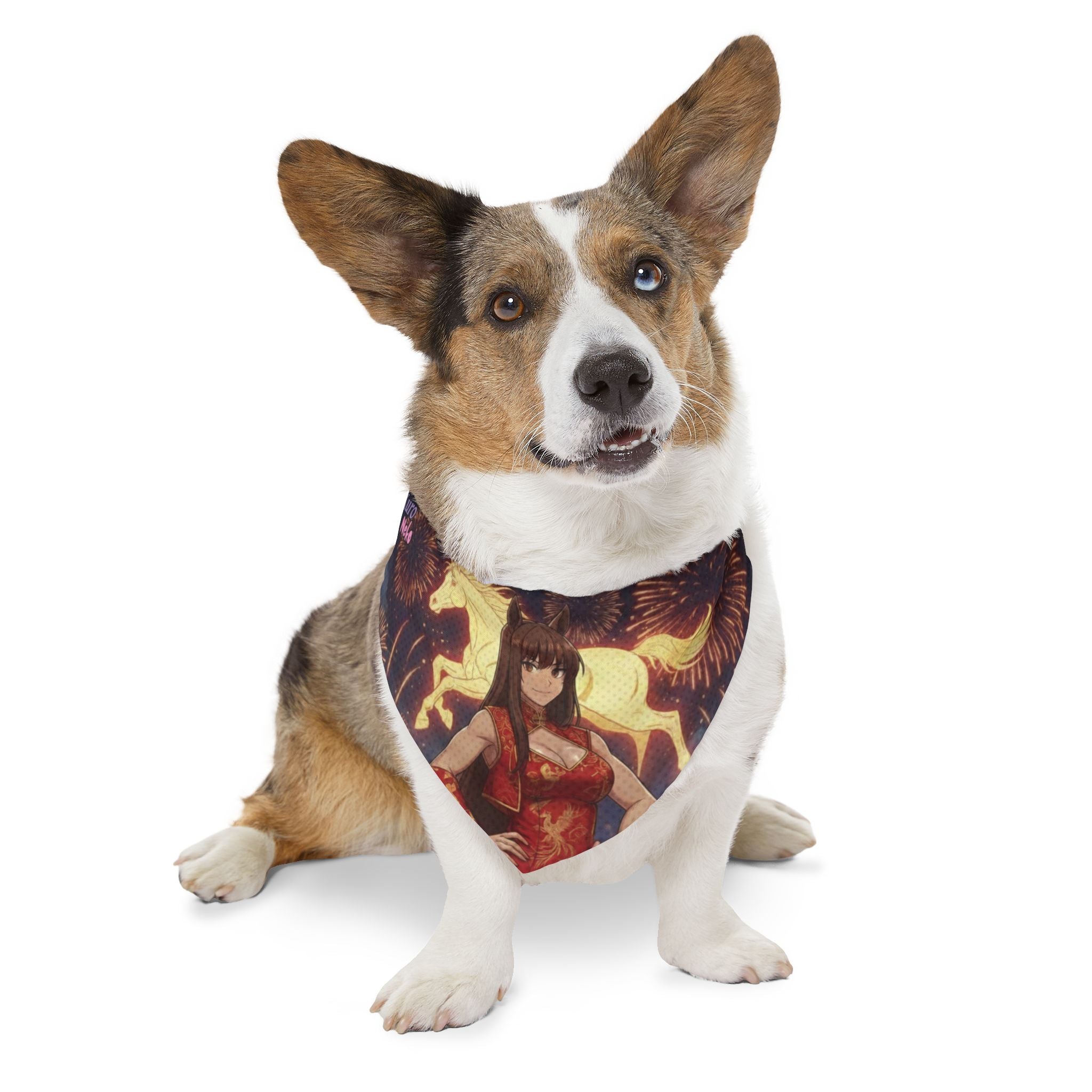 Collier bandana chat & chien Anime AKARI Cheval de Feu & Zodiaque sur un chien, représentant le style anime et kemonomimi, Kuro Neko Shop.